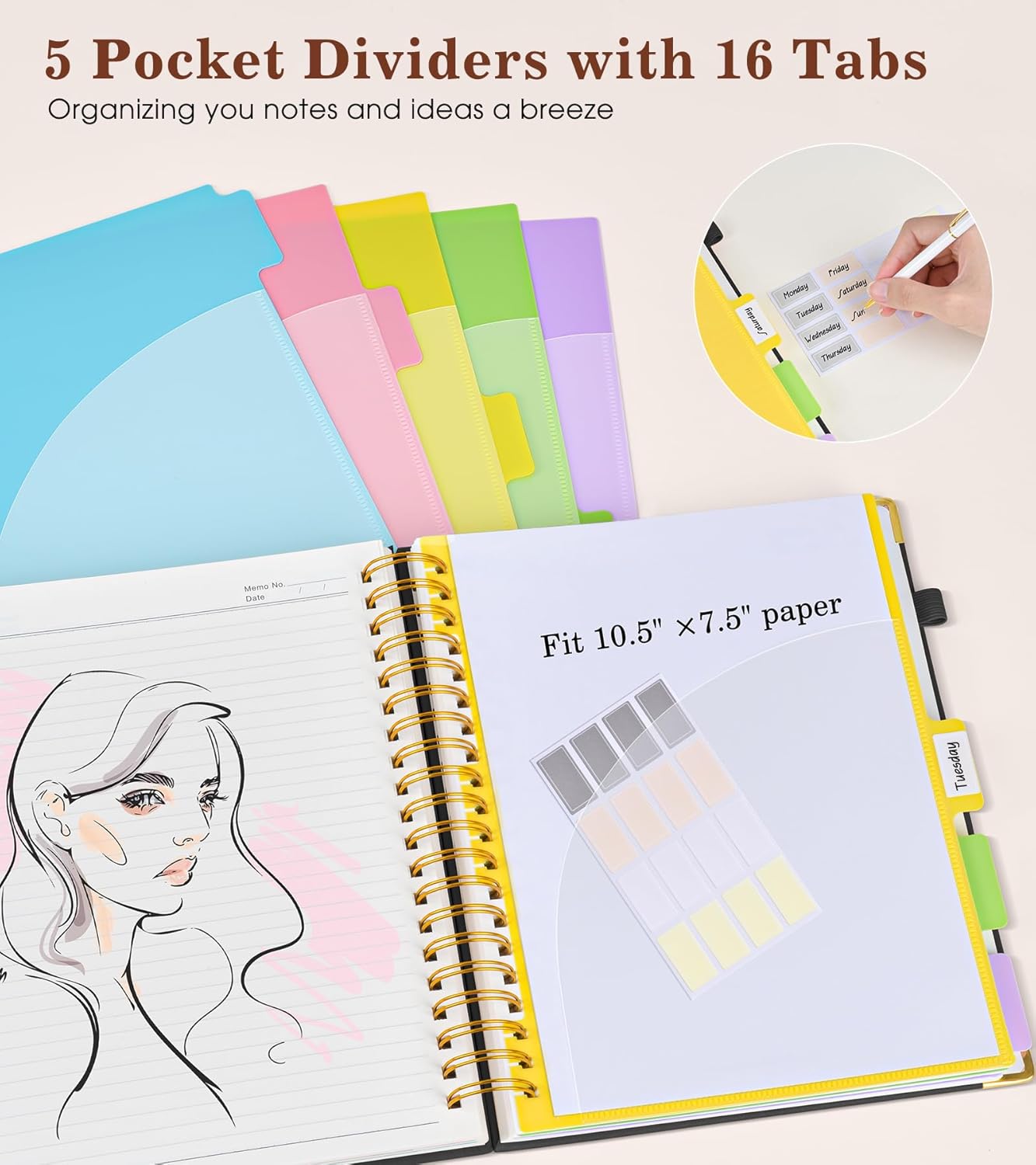 Hardcover Large Spiral Notebook 8.5" x 11" with Removable Dividers Tabs, 300 pages Leather 5 Subject Notebook College Ruled, A4 Journal for Women Men, Notebooks for Work School Note taking,Black - Image 4