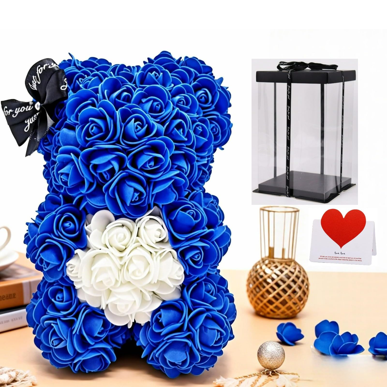 GDJIAYIYI Rose Bear,Rose Teddy Bear With Clear Display Gift Box, Rose Flower Bear Birthday Gift,Artificial Rose Bear Flower, For Moms,Women,Grandmothers,Girlfriends,Girls,Boys,Father,Blue and White