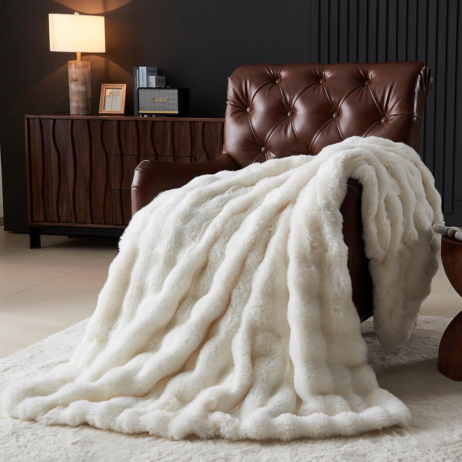 Wajade Fluffy Faux Fur King Size Blanket for Bed Couch 90x106 Inches, Luxury Ultra Soft Thick Fuzzy Plush Bubble Blanket, Reversible Warm Cozy Blanket for Sofa Chair, Cream White Ivory White King- 90" x 106"