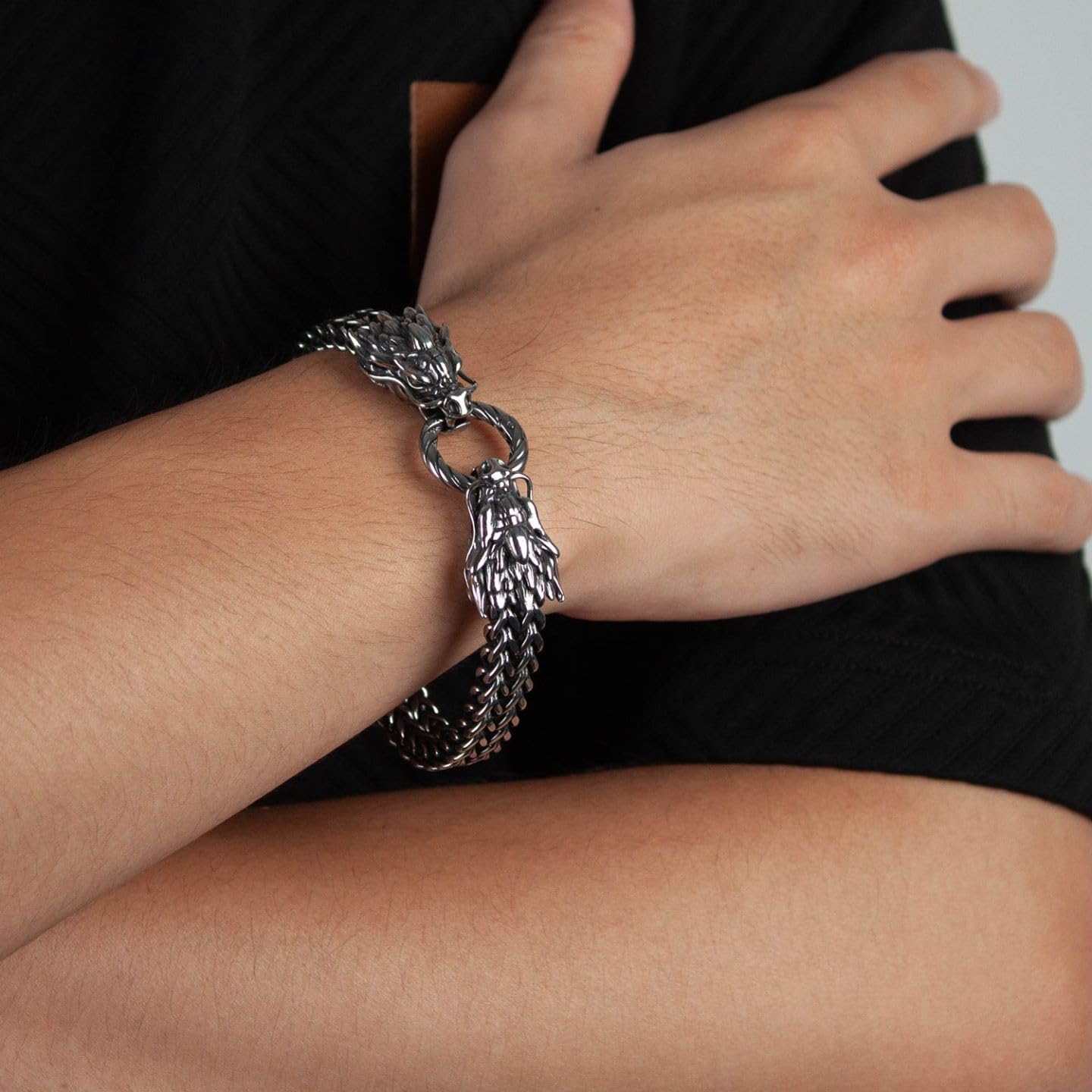 jonline24h Stainless Steel Double Dragon Punk Rock Link Bangle Bracelet for Men & Women - Gothic Biker Chain Jewelry - Image 3