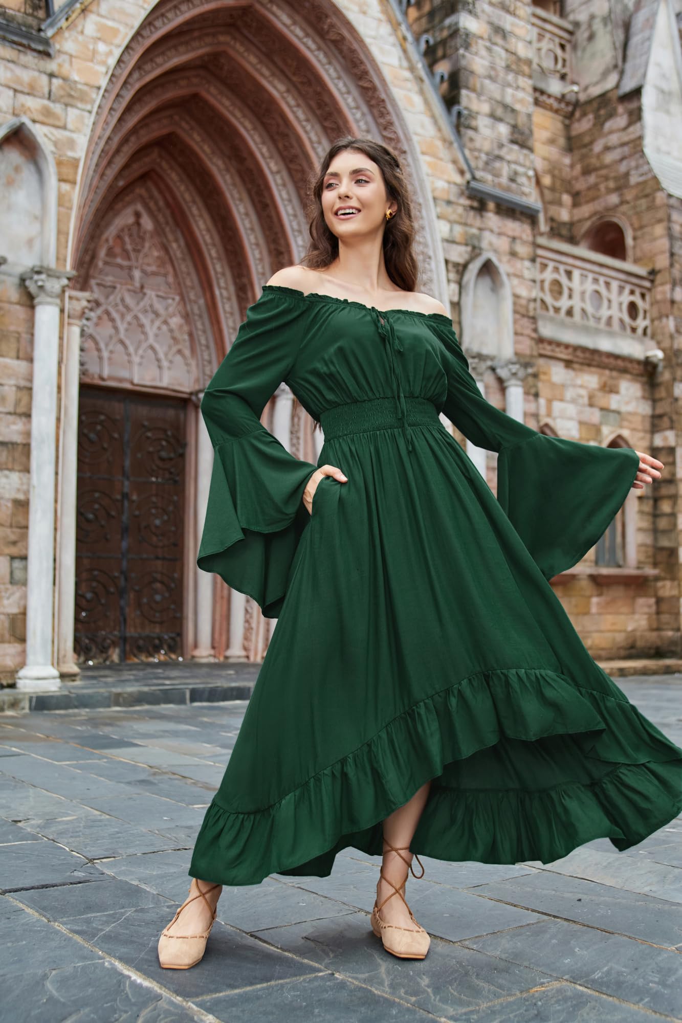 SCARLET DARKNESS Vestido Largo renacentista para Mujer, Cintura ahumada, diseño Alto, Estilo Medieval