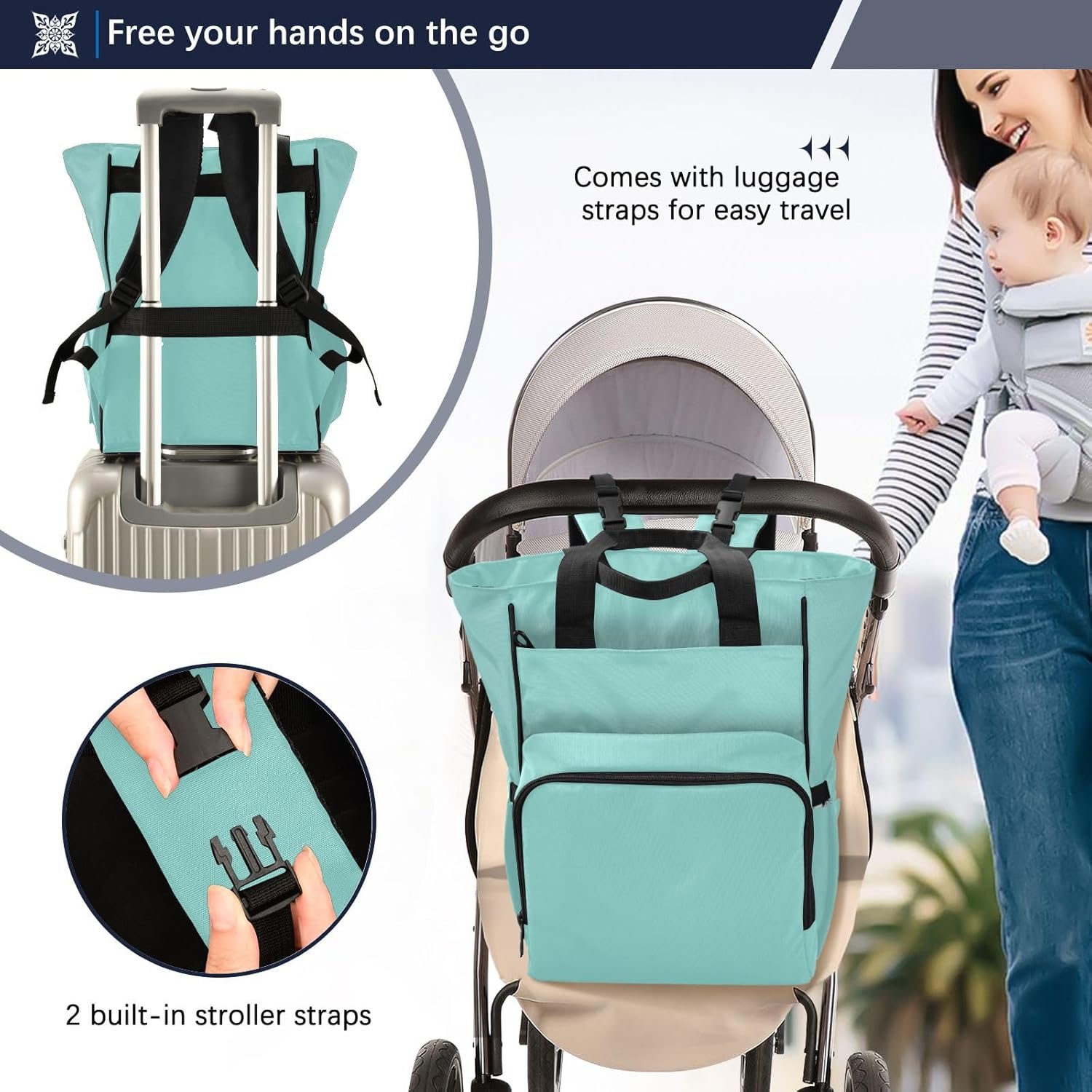 Teal Diaper Bag Backpack for Baby Boys Girls Baby Essentials Travel Tote with Stroller Straps & Bottle Storage Maternity Baby Changing Bags for Moms Dads Baby Shower Gifts Traveling Shopping Hiking
