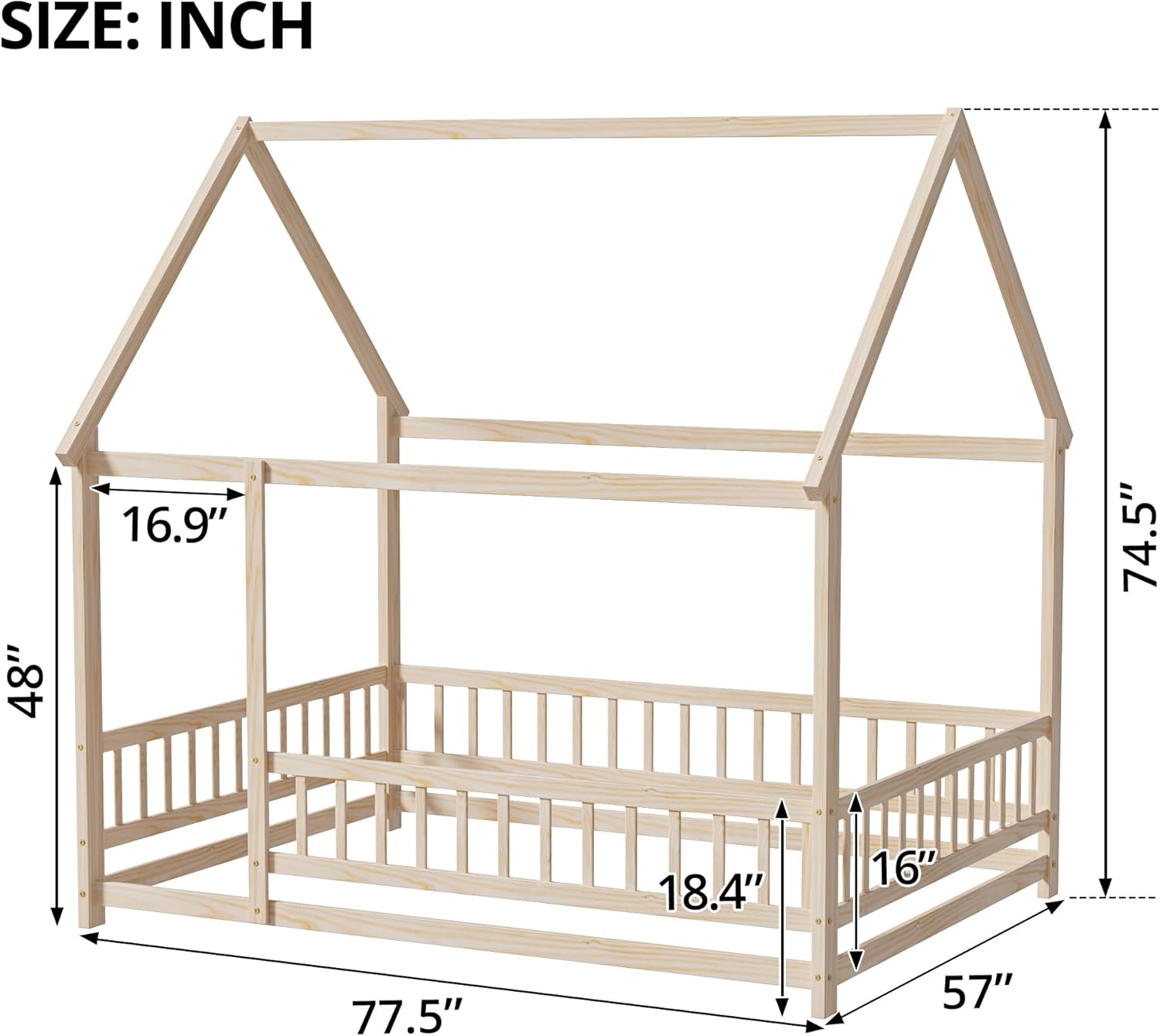 Diagram illustrating the dimensions of the LLS Full Size House Bed with Fence.
