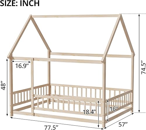 Miniatura 2 de LLS Cama de casa de tamaño matrimonial con valla, cama Montessori de madera con diseño de techo, marco de cama de piso para dormitorio de niños y