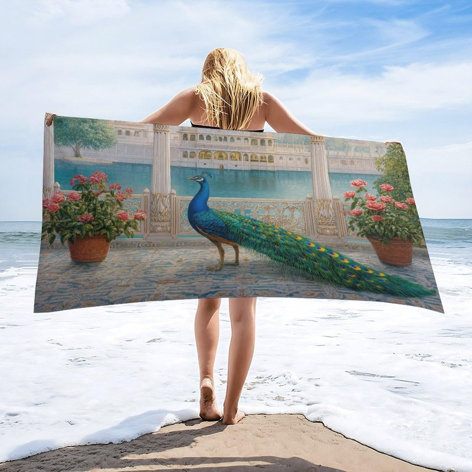Luyysky Beautiful Rustic Elegant Peacock Absorbent Beach Towel, Retro Oil Painting Castle Animal Peacock Plant Flowers Outdoor Single-Sided Velvet Beach Towel-80 W Cm X 160" L Cm