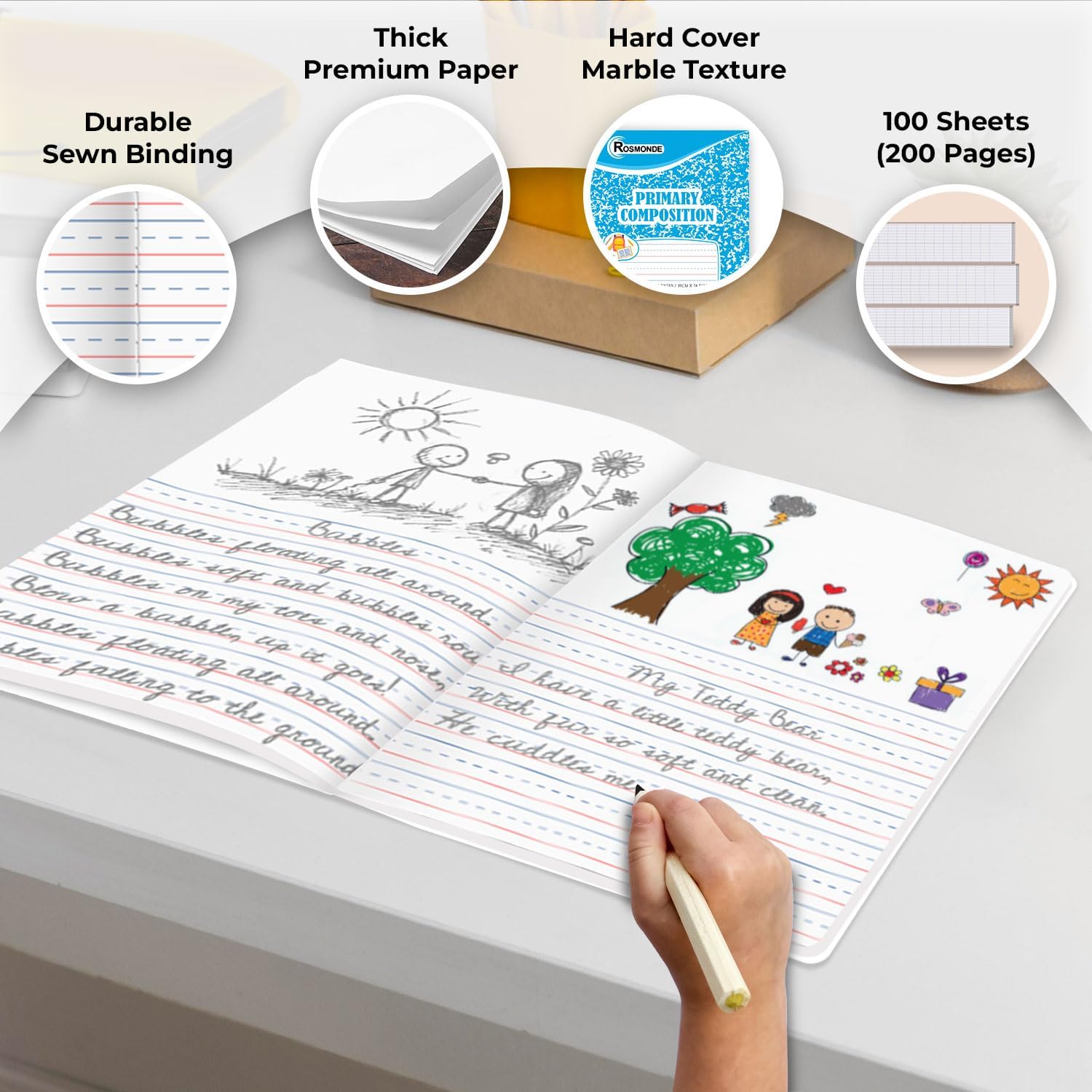 Rosmonde 1000 Pack (Pallet) Bulk Composition Notebook, Primary Ruled Sheets with Drawing Space, 100 Sheets (200 Pages), 9-3/4 x 7-1/2, Writing Journal for Grades K-2 School Supplies, 4-7 Days Transit