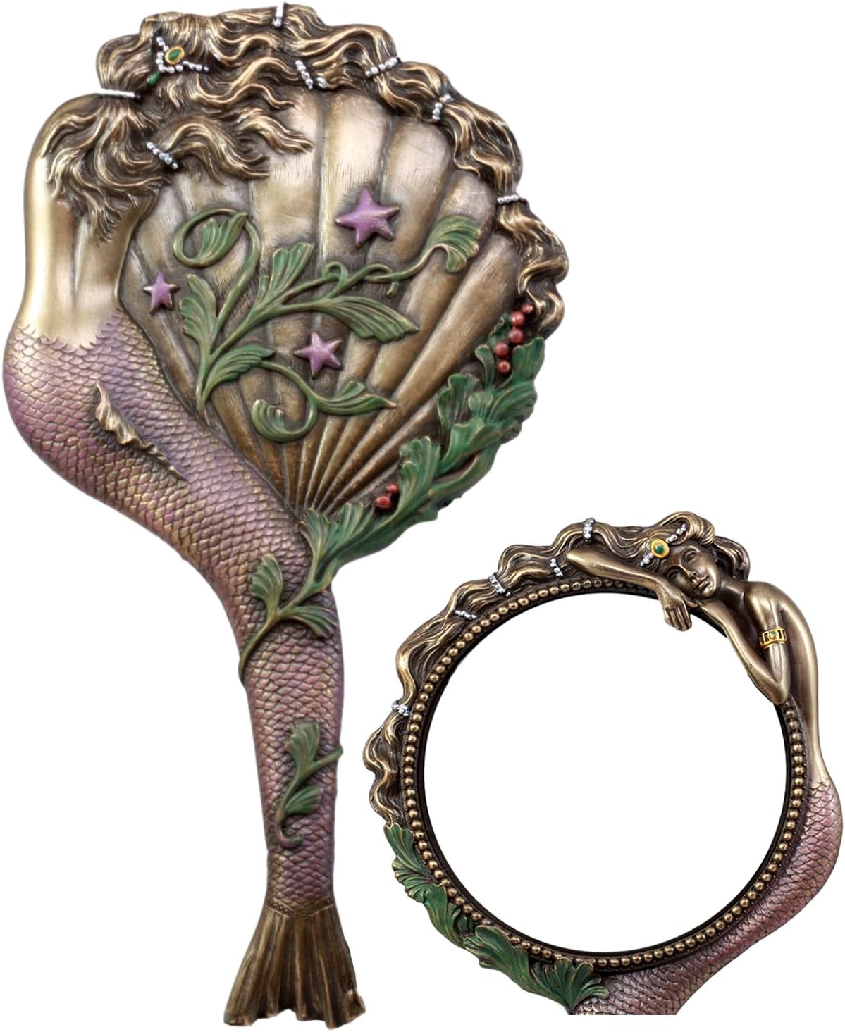 Ebros Beautiful Lady Aurora Sleeping Mermaid Hand Mirror Figurine Art Nouveau Faux Bronze Vanity Accessory