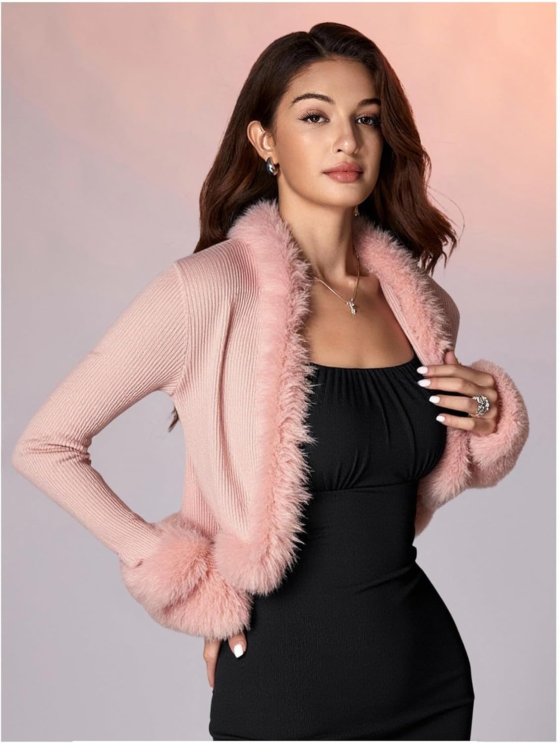 MakeMeChic Women's Faux Fur Open Front Coat Valentines Fuzzy Long Sleeve Crop Jacket Outerwear - Image 3