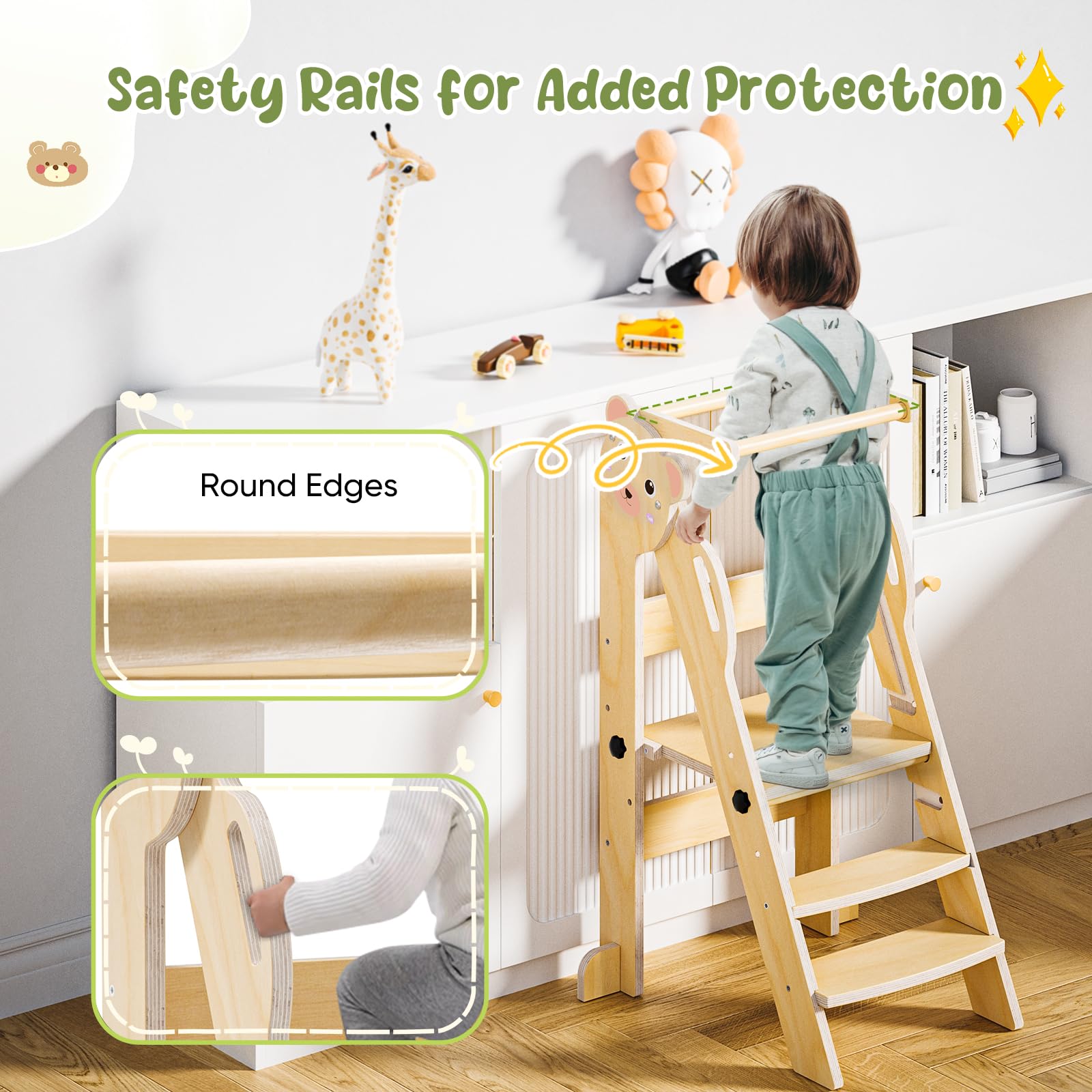 Torre de aprendizaje plegable para niños, taburete de cocina de 3 niveles de altura ajustable, torre infantil Montessori para cocina, baño y habitación infantil (color madera oso pequeño)