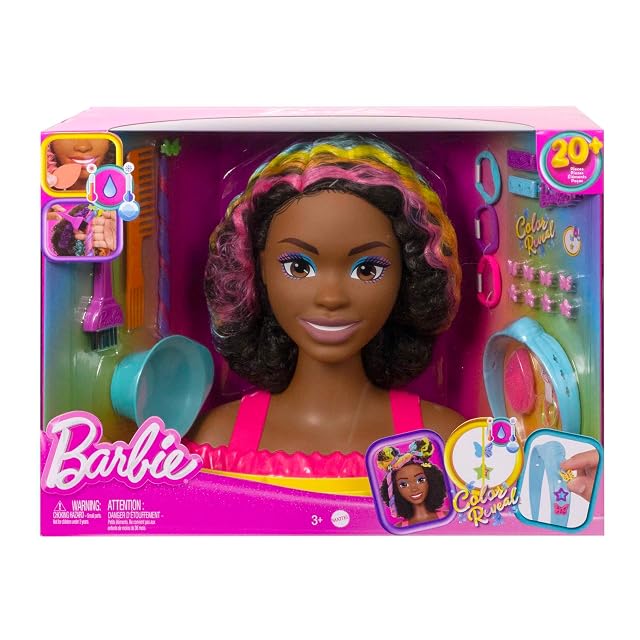 Foto 6 de 8 de Barbie Totally Hair Color Reveal Arcoíris Neon Deluxe Cabeza afroamericana para peinar de muñeca…