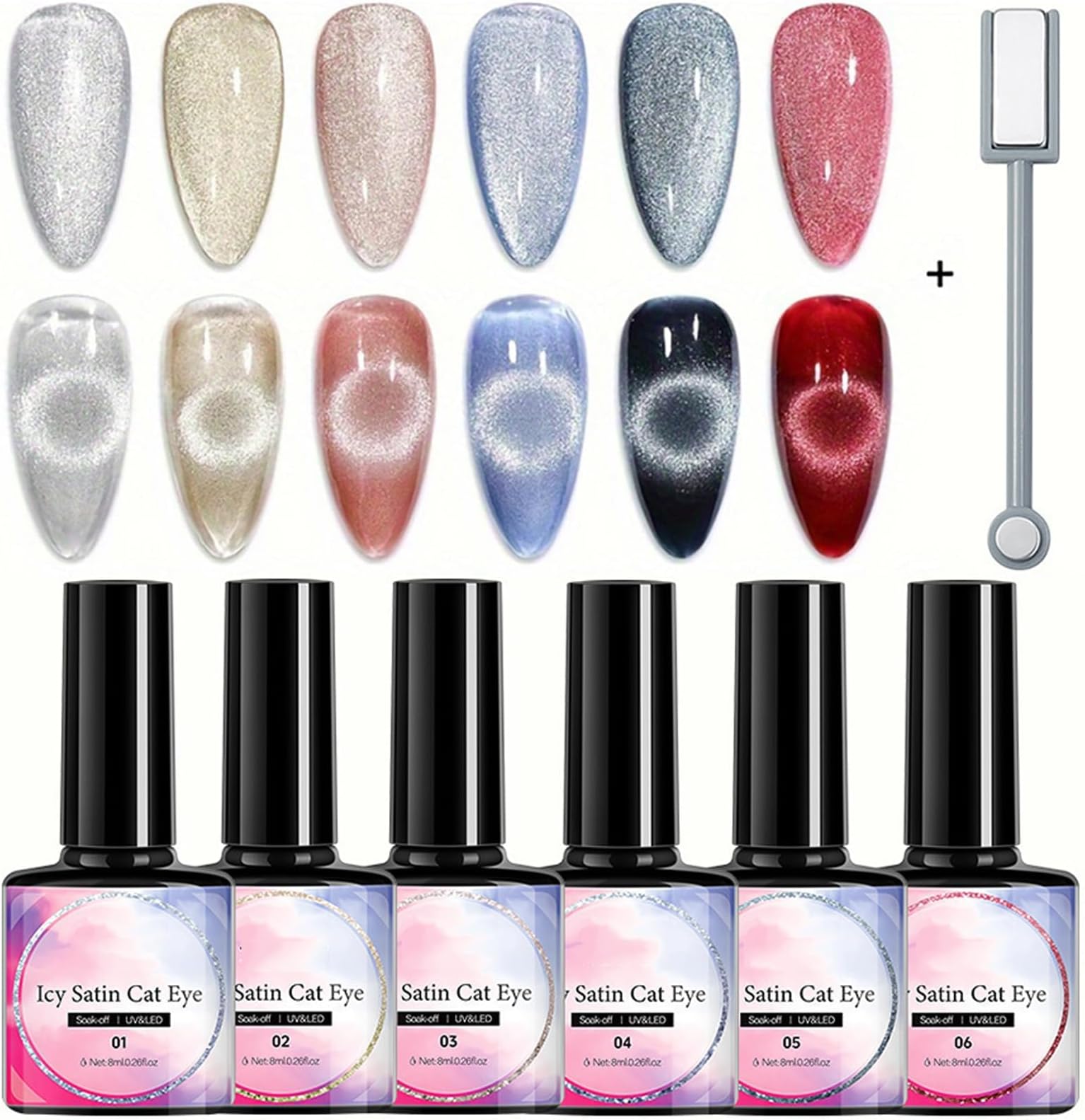 6 Pcs Holographic Glitter Cat Eye Gel Nail Polish Kit, with Magnet, Rainbow Pastel Color Magnetic Nail Polish Gel, for Women Girls, Soak Off UV Polish Kit, Silver, Red, Black, Blue, Nude