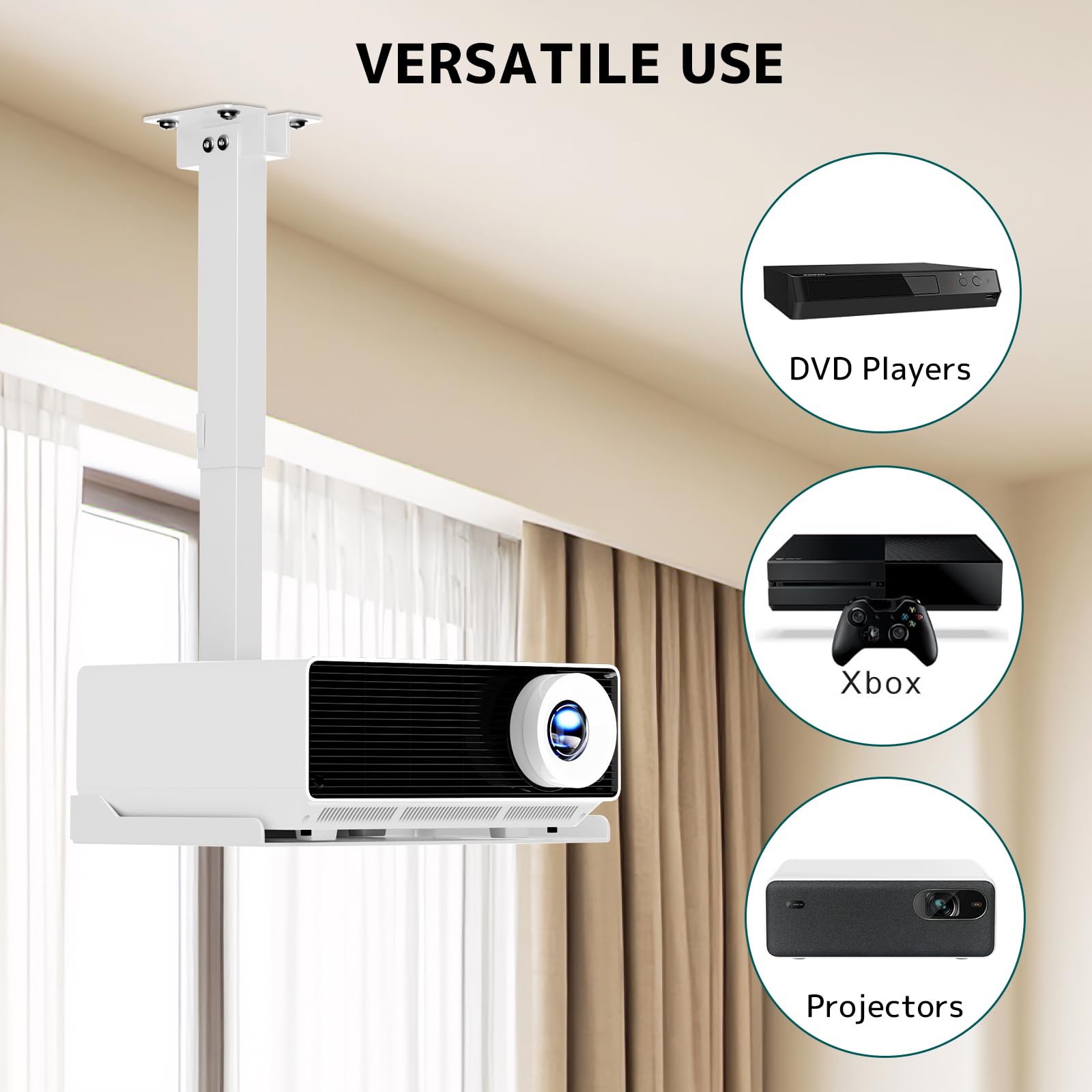 Support de plafond avec plateau pour Projecteur, hauteur réglable, support universel avec gestion des câbles dissimulée, installation sans perçage, charge maximale de 10 kg – Idéal pour le home cinéma