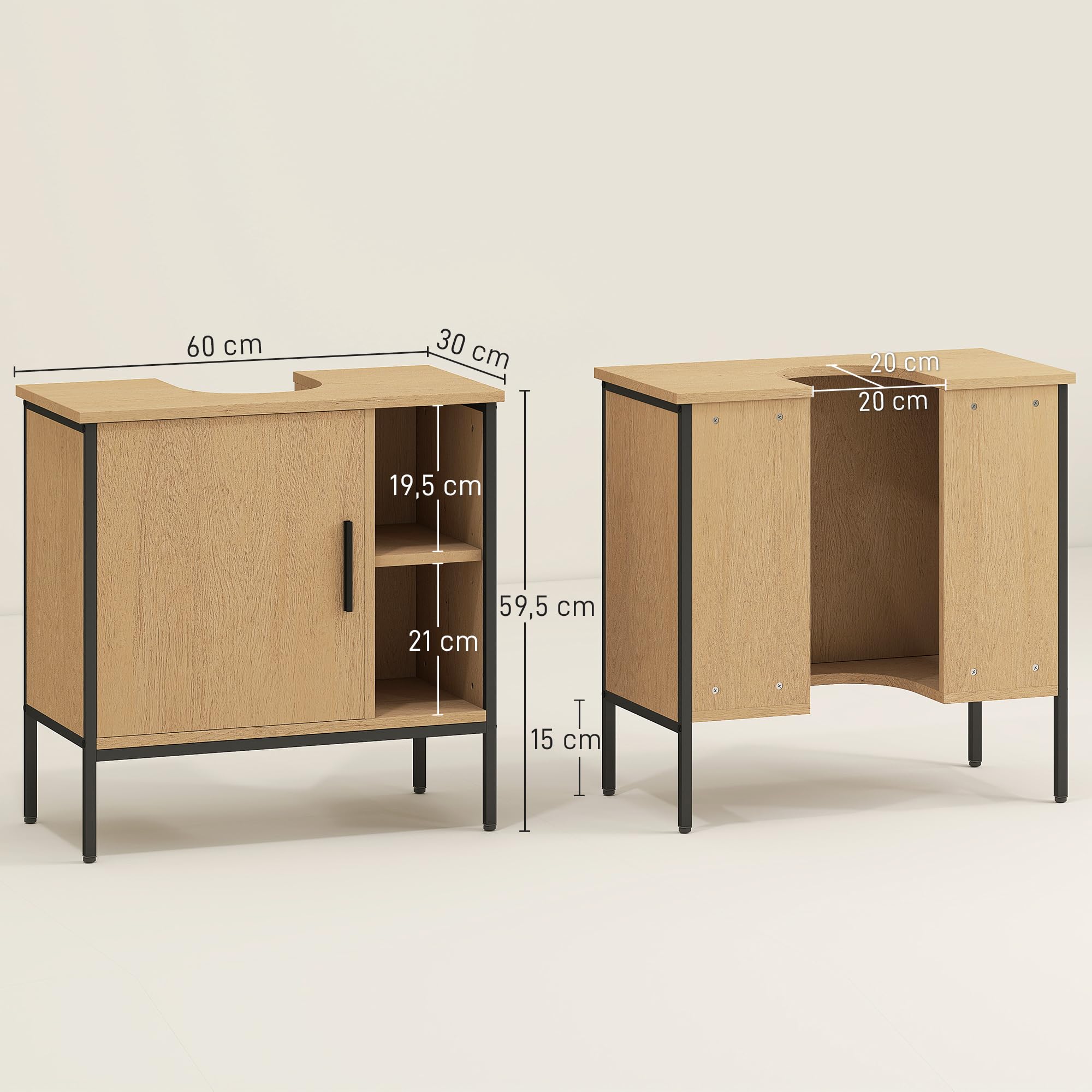 HOMCOM Mueble bajo Lavabo Mueble de Baño con Puerta y Estante Ajustable para Lavabo con Pedestal 60x30x59,5 cm Roble