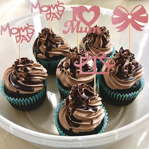 Miniatura 2 de Decoración para cupcakes para el Día de la Madre, 24 piezas con purpurina para fiesta de cumpleaños, suministros de cartón y bambú de primera calidad
