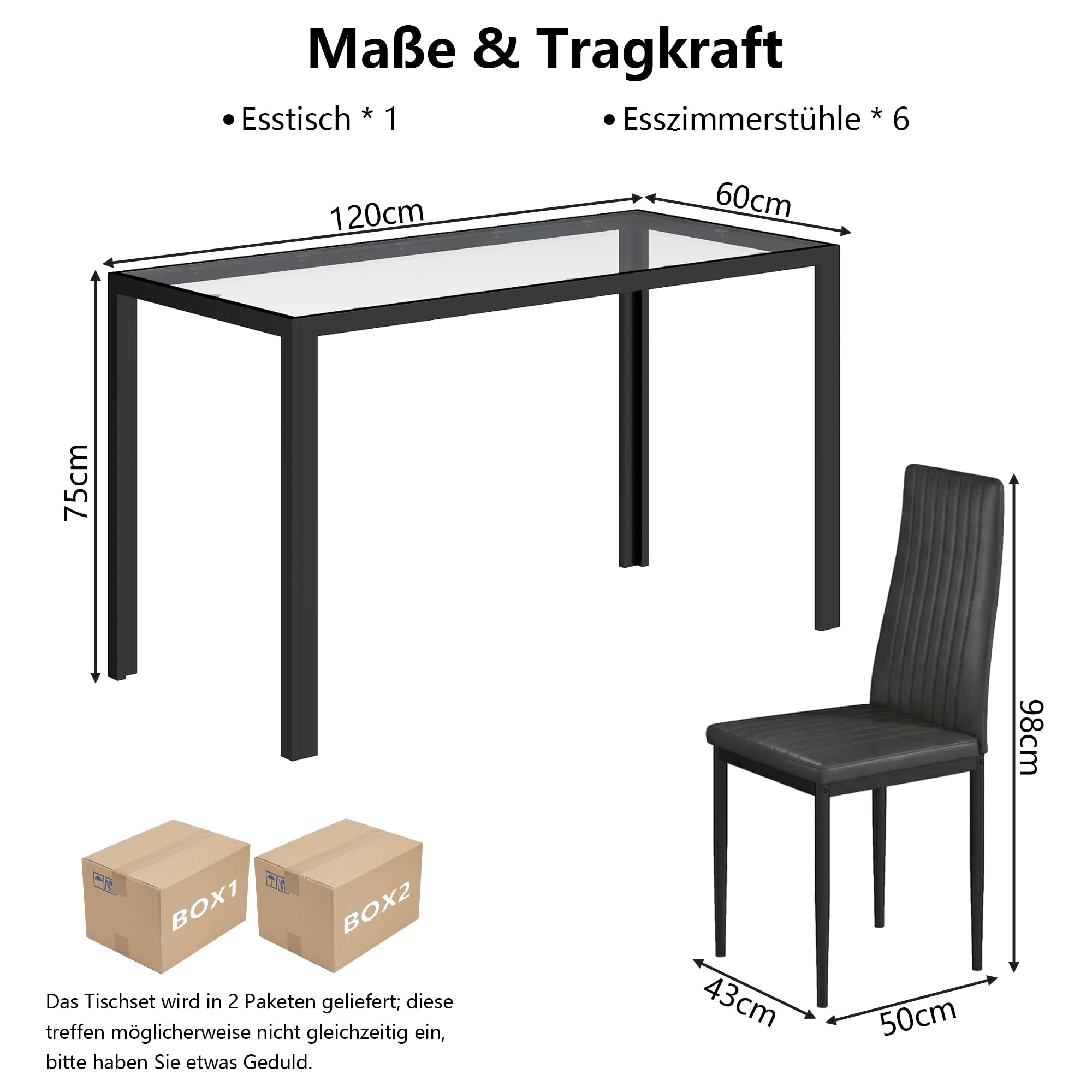 Essgruppe Set Tisch und Stühle, Esstisch mit 6 Stühlen Esszimmergruppe, Strapazierfähiges Kunstleder, Tischplatte aus Sicherheitsglas,Sitzgruppe für Küche Esszimmer Wohnzimmer(120*75*60cm )