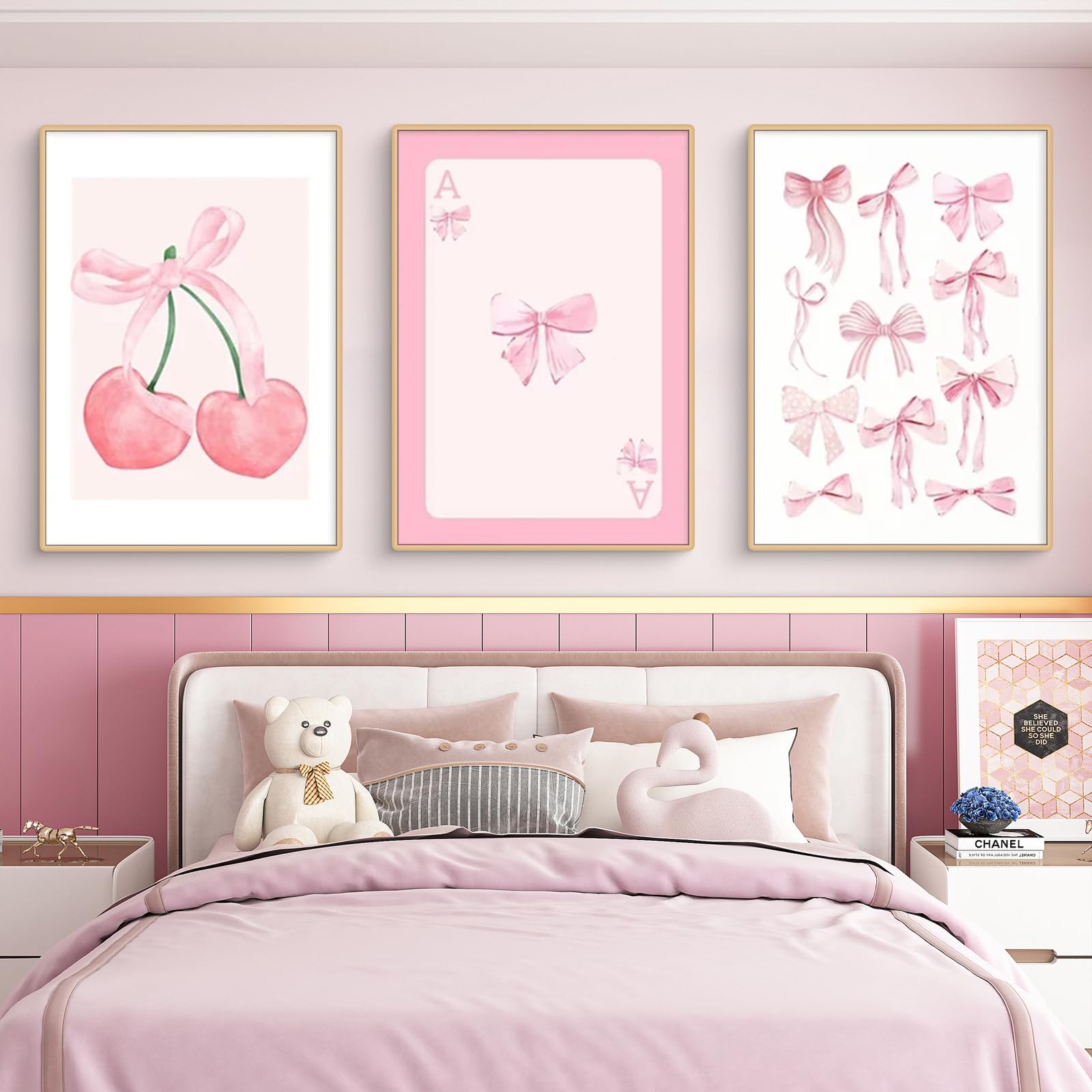 Viusneun Juego de 3 pósteres de color rosa, estéticos cuadros de pared de color rosa con pajarita y cereza, juego de cuadros para dormitorio, adolescente, niña, habitación, decoración, sin marco (30 x