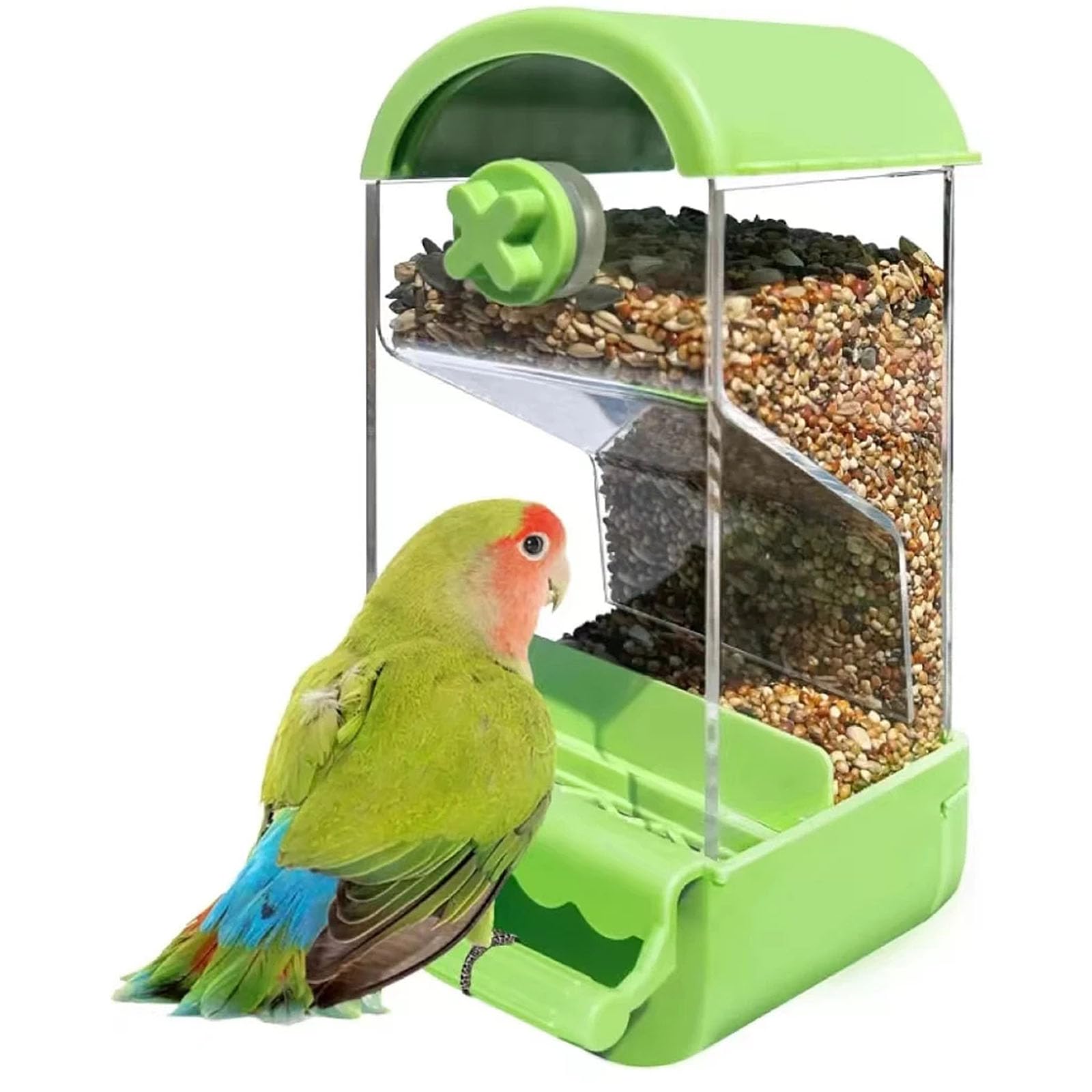 Automatic Bird Feeder,1PC No Mess Bird Feeder with Perch,Parrot Food Bowl Container Budgie Cage Accessories for Parakeets Canary Cockatiel Finch Lovebirds (Green)