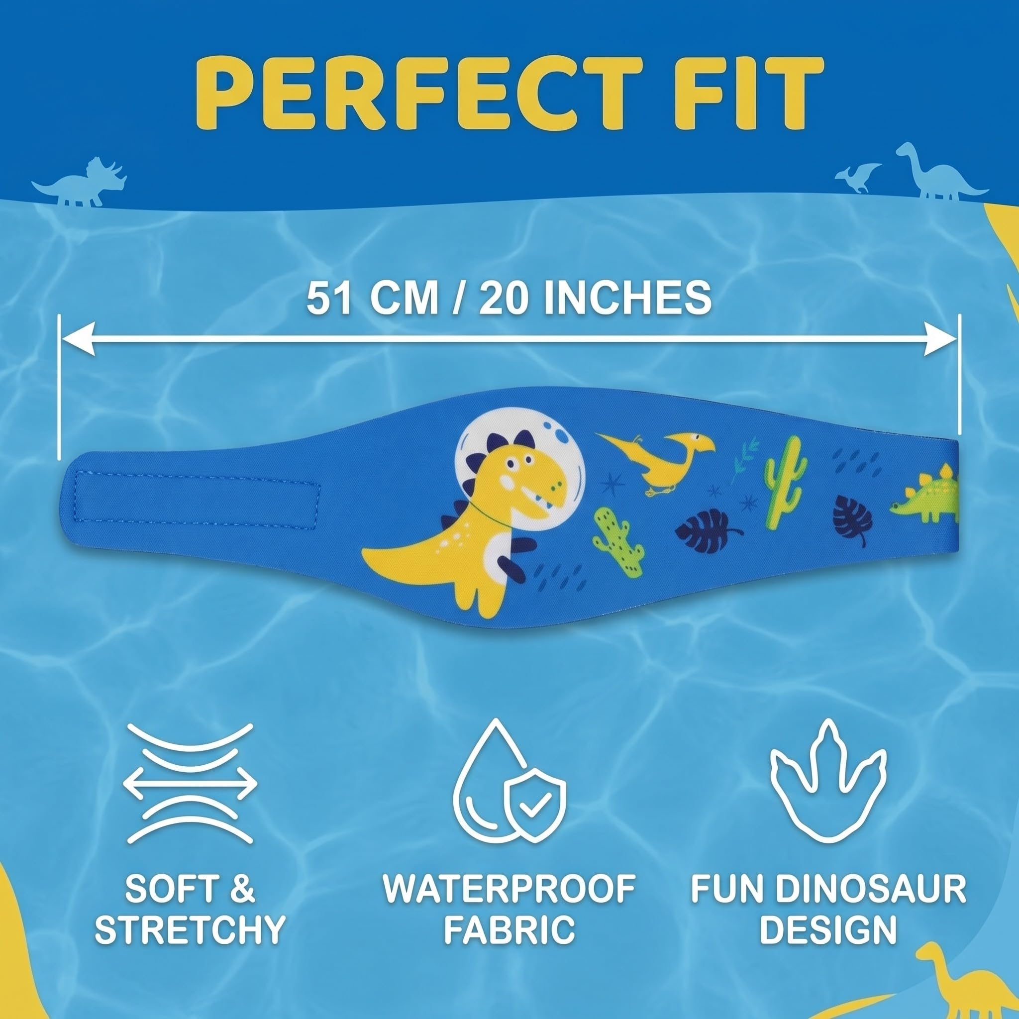 Opaska na głowę basen dla dzieci - Neopren ochrona uszu 51 cm - Regulowana opaska do pływania do sportów wodnych i morskich, niebieski dinozaur