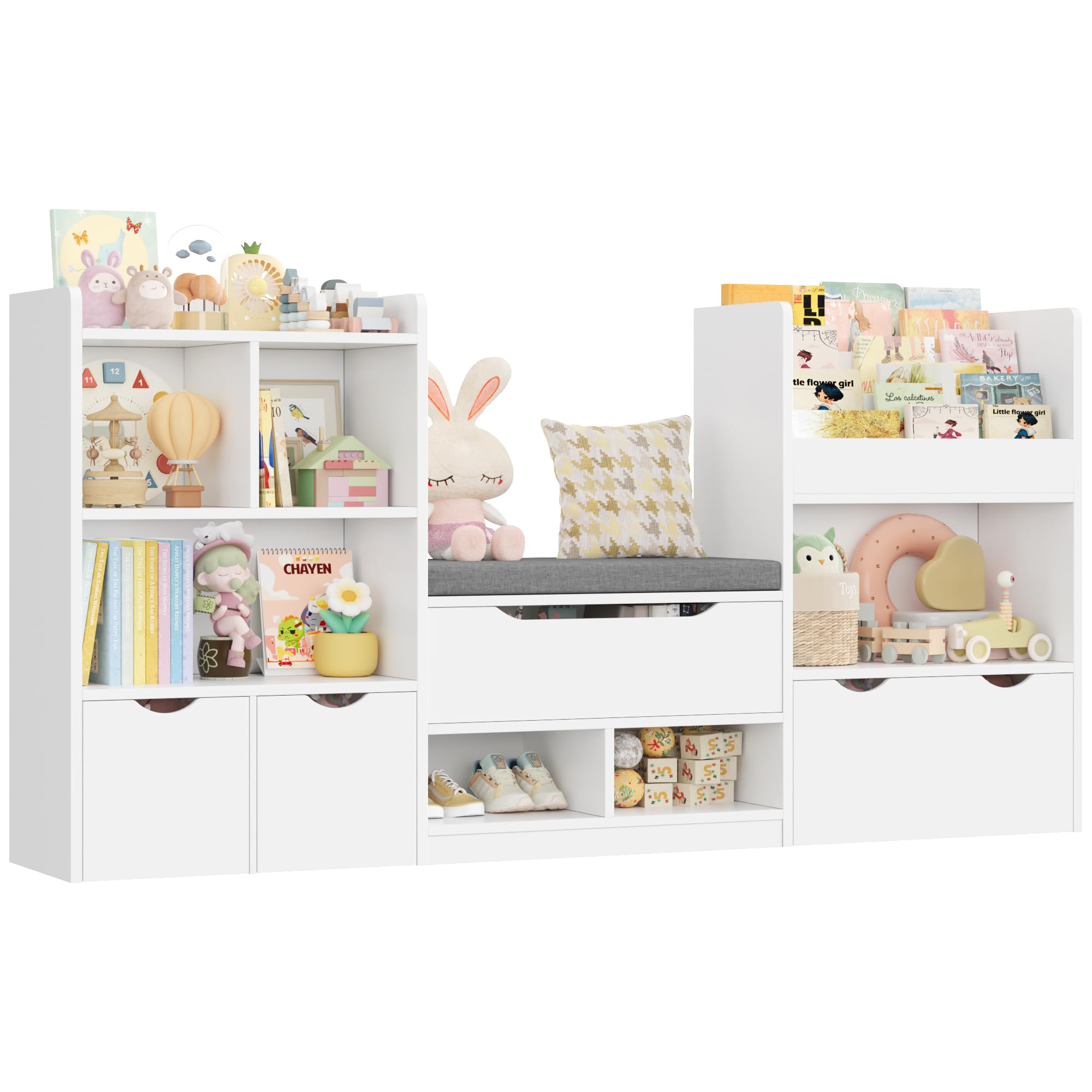 FOREHILL Meuble Rangement Enfant 183.5cm Bibliothèque Enfant avec Banc 11 Étagères 3 Tiroirs Roulants Rangement Jouet pour Chambre d’Enfants Salle de Jeu 183.5x29.8 x94.5 cm