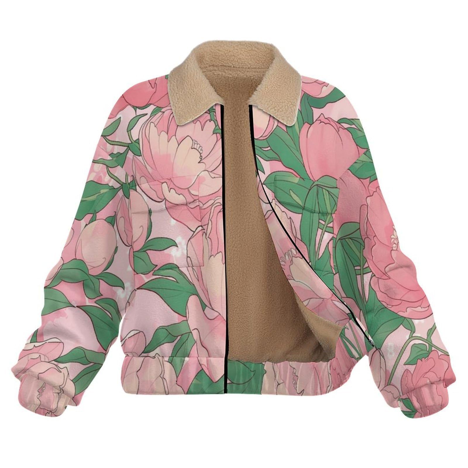 Donna Pile Stampa cartone animato Caldo con Cerniera, Giacca da Camera Invernale Corta Pile Giacche, Grazioso fiore peonia Cappotto In Peluche Sherpa Giubbotto Fleece Comoda