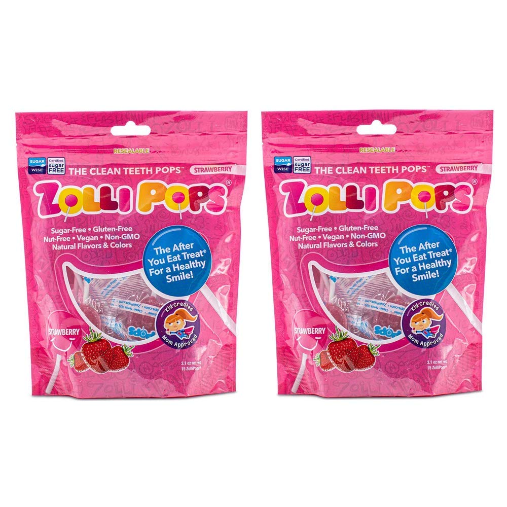 ZollipopsClean Teeth Pops Sugar Free Candy with Xylitol, Dye-Free Lollipops - Keto & Diabetic-Friendly, Dentist-Approved Treats for Kids (Strawberry 3.1 oz, Pack of 2)