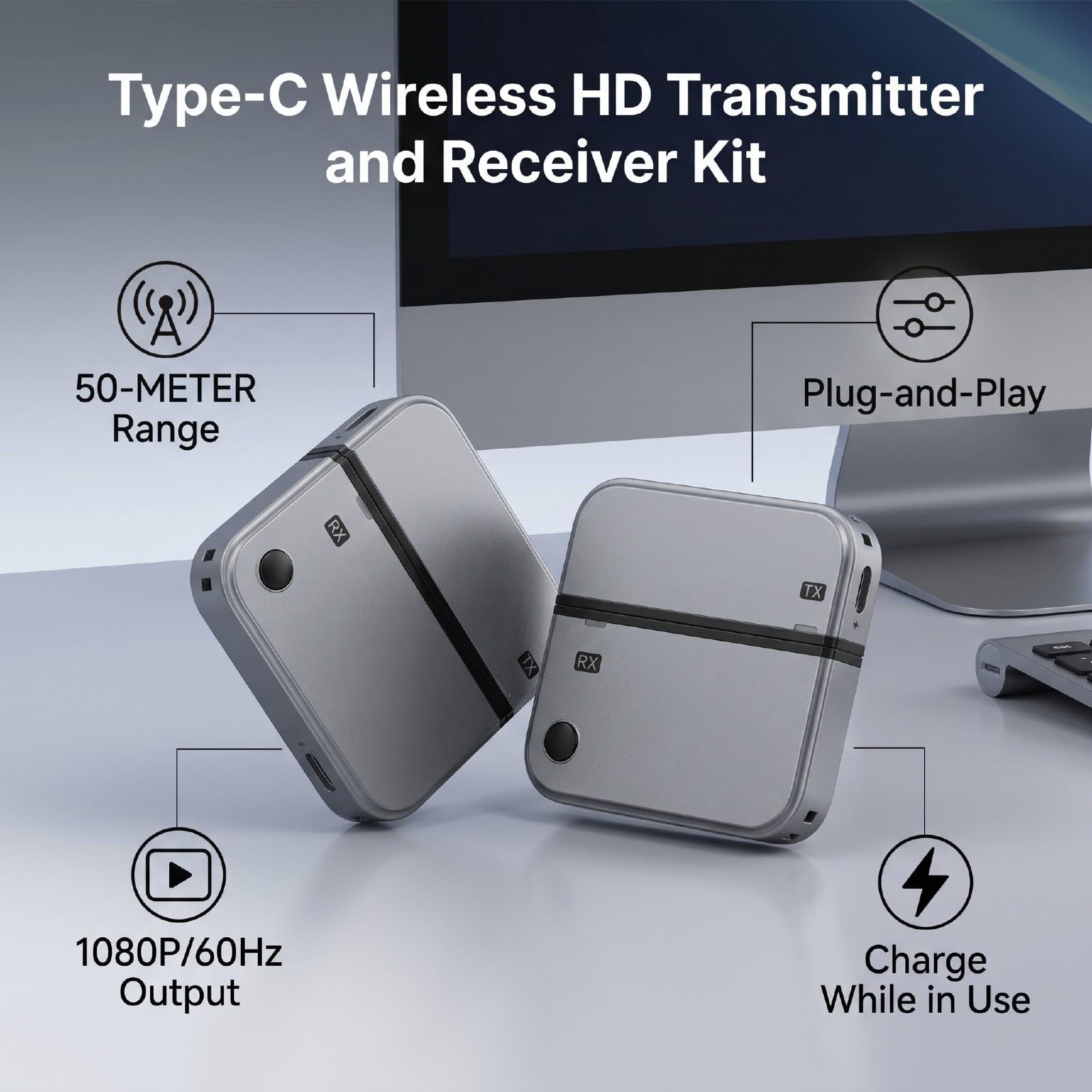 Émetteur et Récepteur HD sans Fil, Type C 5G 1080P 60 Hz 50 M Plug and Play, avec Mode émetteur-Récepteur pour Téléphone Portable PC vers Projecteur TV