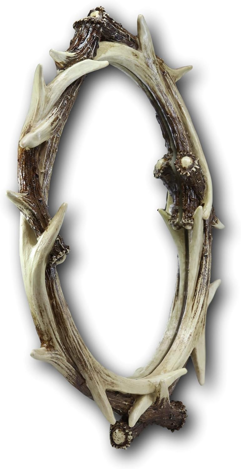 Ebros 27" High Western Rustic Hunters Stag Deer Antlers Rack Oval Wall Mirror Decor Plaque Vintage Decorative Antler Racks Hanging Mirrors As Centerpiece Sculpture Plaque Beauty Vanity Accent