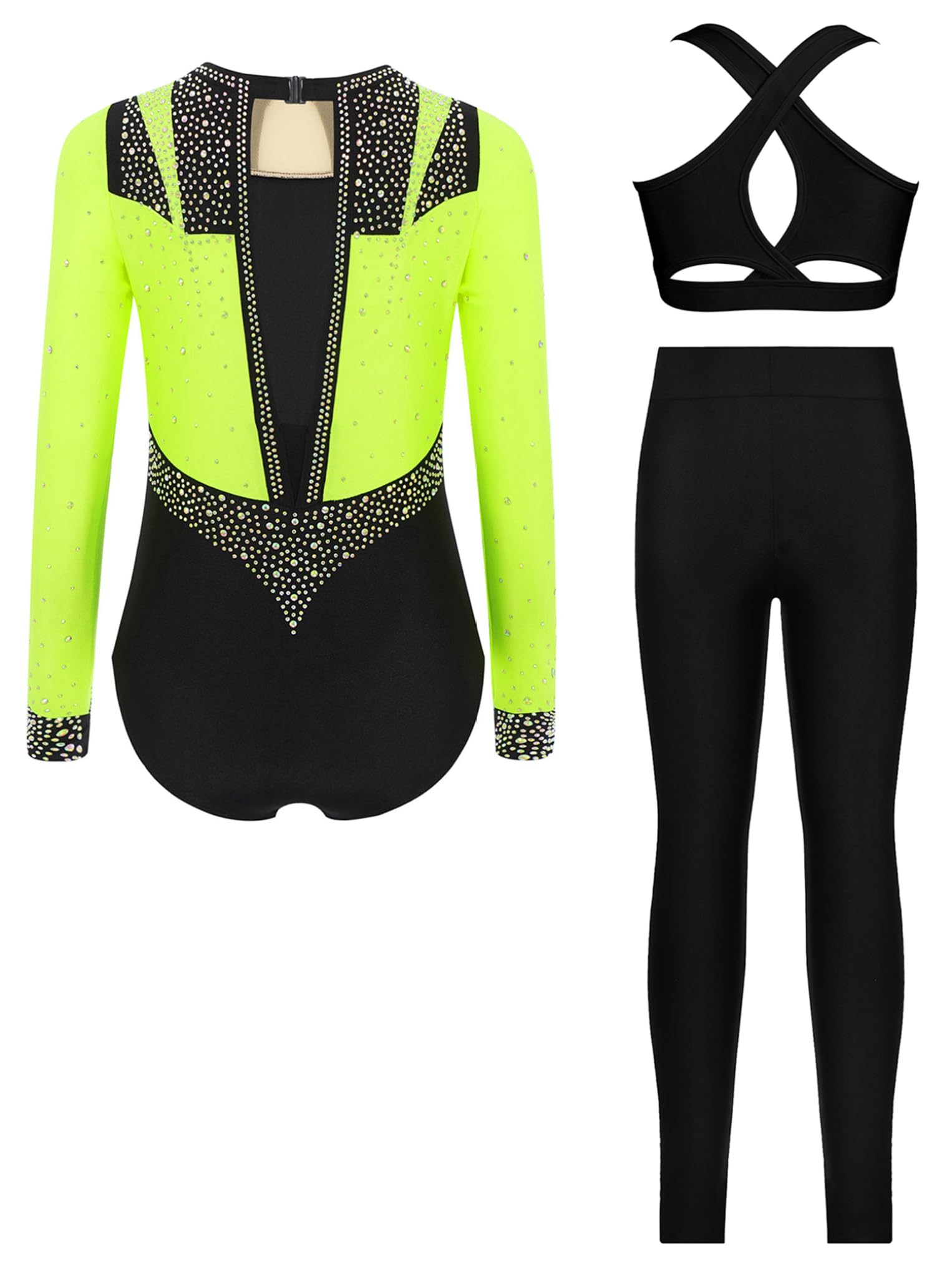 Oyolan 3Pcs Mädchen Turnanzug Glitzer Langarm Gymnastikanzug mit Sport BH Tops und Hose Leggings Tanzbody Leotard Ballettanzug Wettbewerb Sportbody Tanzkostüm
