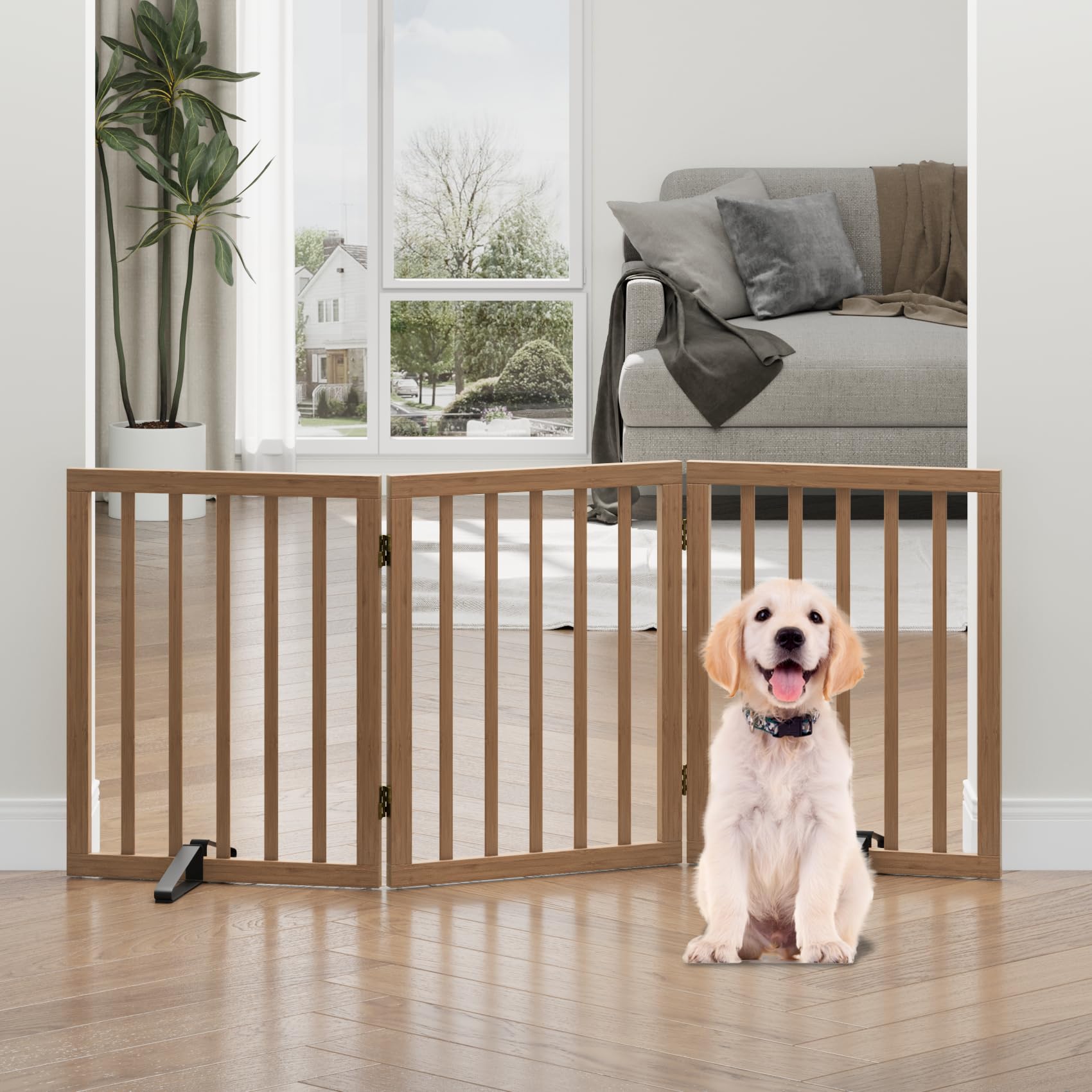 Hohe Hundegitter für Türen, faltbares Hundegitter für den Innenbereich, freistehende Haustiergitter für Türen, Schlafzimmer, Welpengitter mit Metallstützfüßen, Raumteiler, 3 Paneele (dunkles Walnuss)