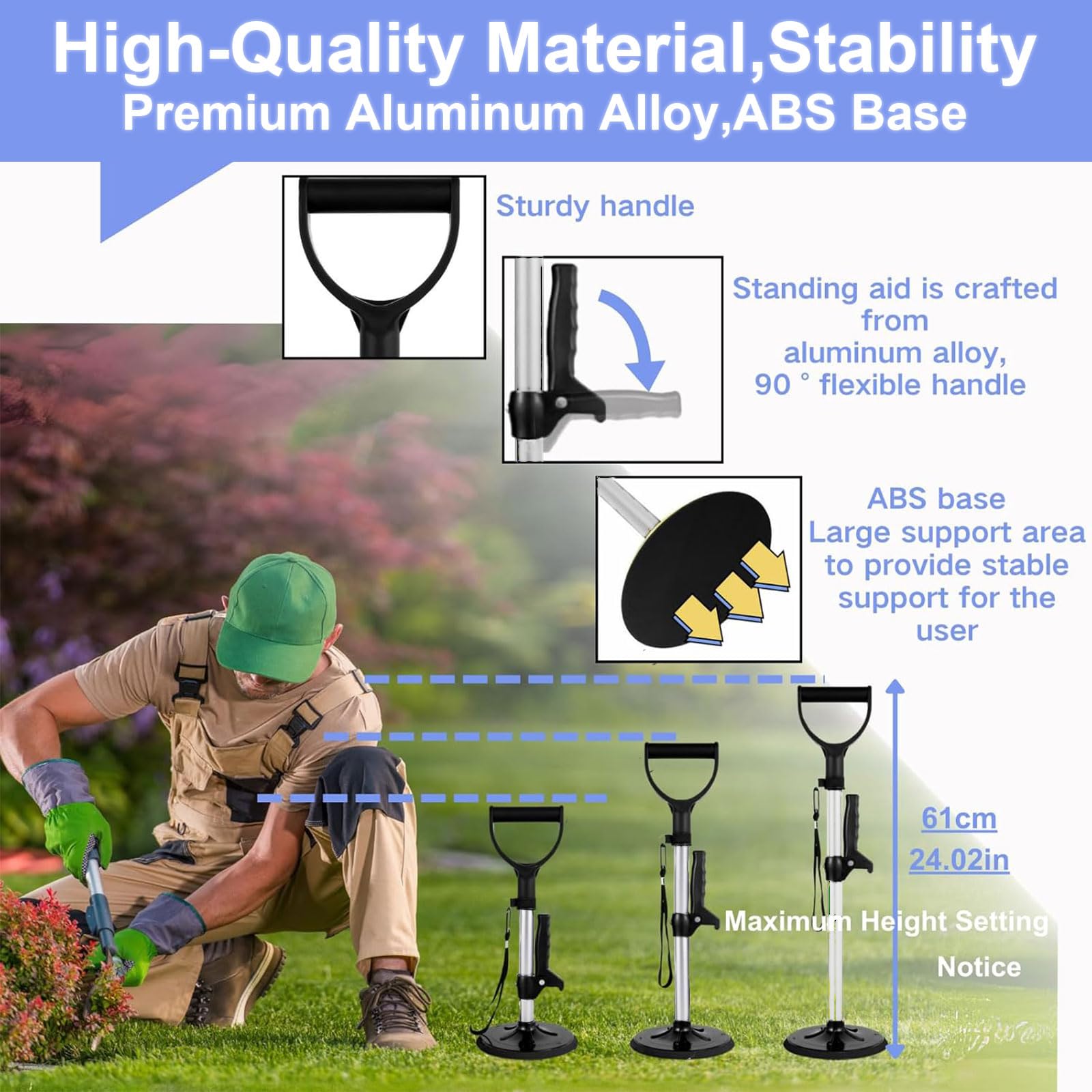 Supporto regolabile in altezza e aumento della mobilità (41 – 61 cm) per anziani e disabili aiuta anziani e disabili ad alzarsi, andare in sicurezza, fare lavori domestici/giardinaggio, argento