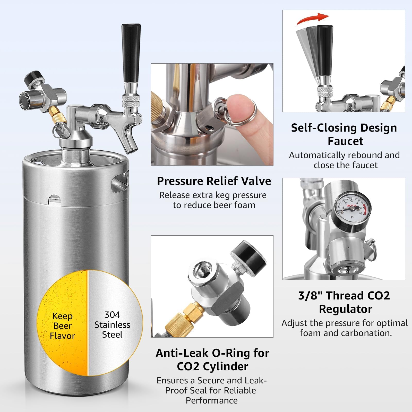 MRbrew Mini barril de 3,628.7 g, sistema de dispensador portátil de cerveza de barril de acero inoxidable presurizado, sistema de grifo de cerveza mini Kegerator, con grifo de cerveza profesional y
