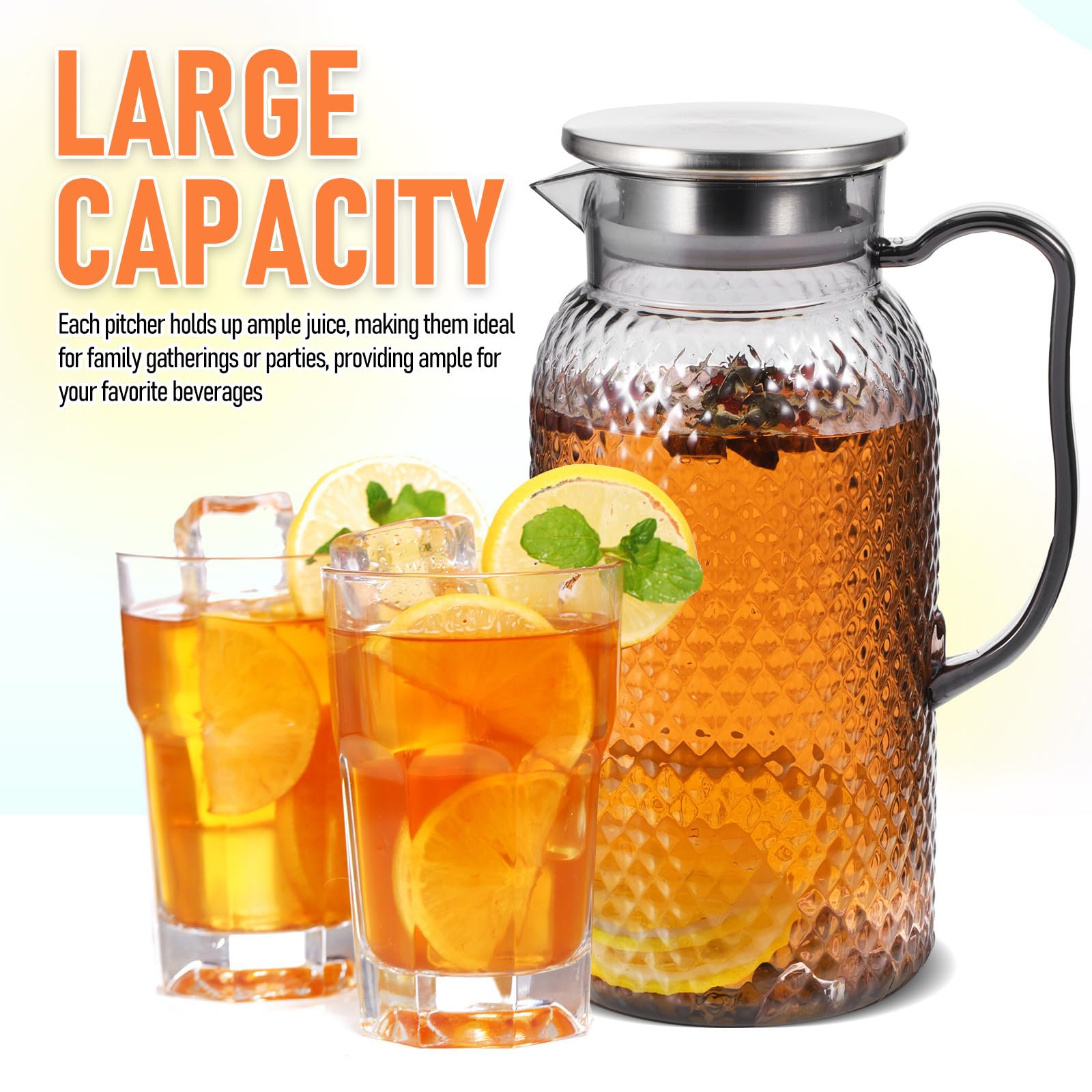 HANABASS 2 Piezas Jarra de Plástico con Tapa de 1.8l para Nevera, Resistente y Fácil de Limpiar, Adecuado para Jugos, Agua y Té Helado en Casa o Eventos