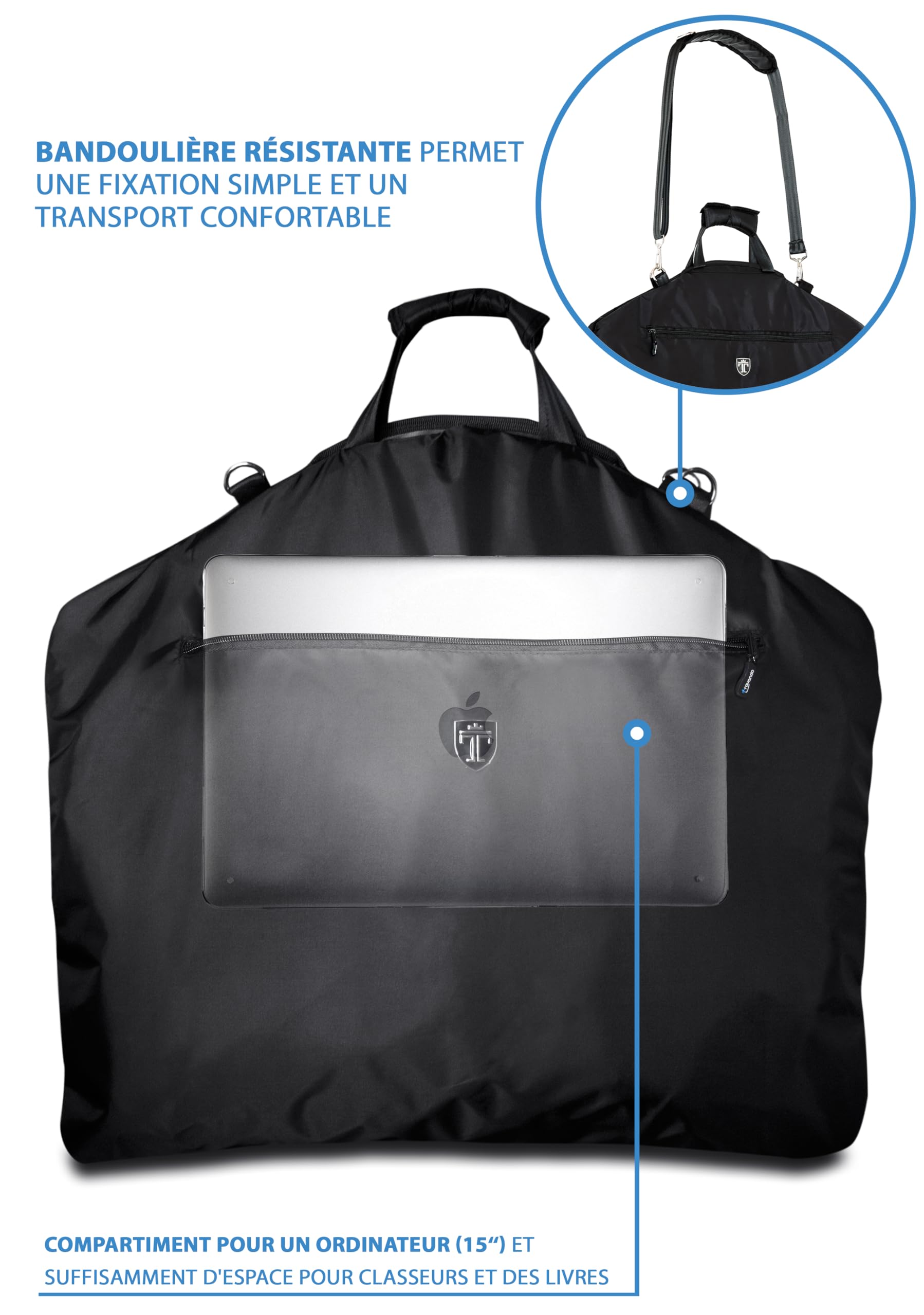 Travando Housse de Voyage pour Transport de Vêtements et Ordinateur 15" - Sac Protection en Bandoulière Pliable Costumes, Chemises, Pantalons, Cintres, Cravates, Bagage Pratique pour Hommes Femmes