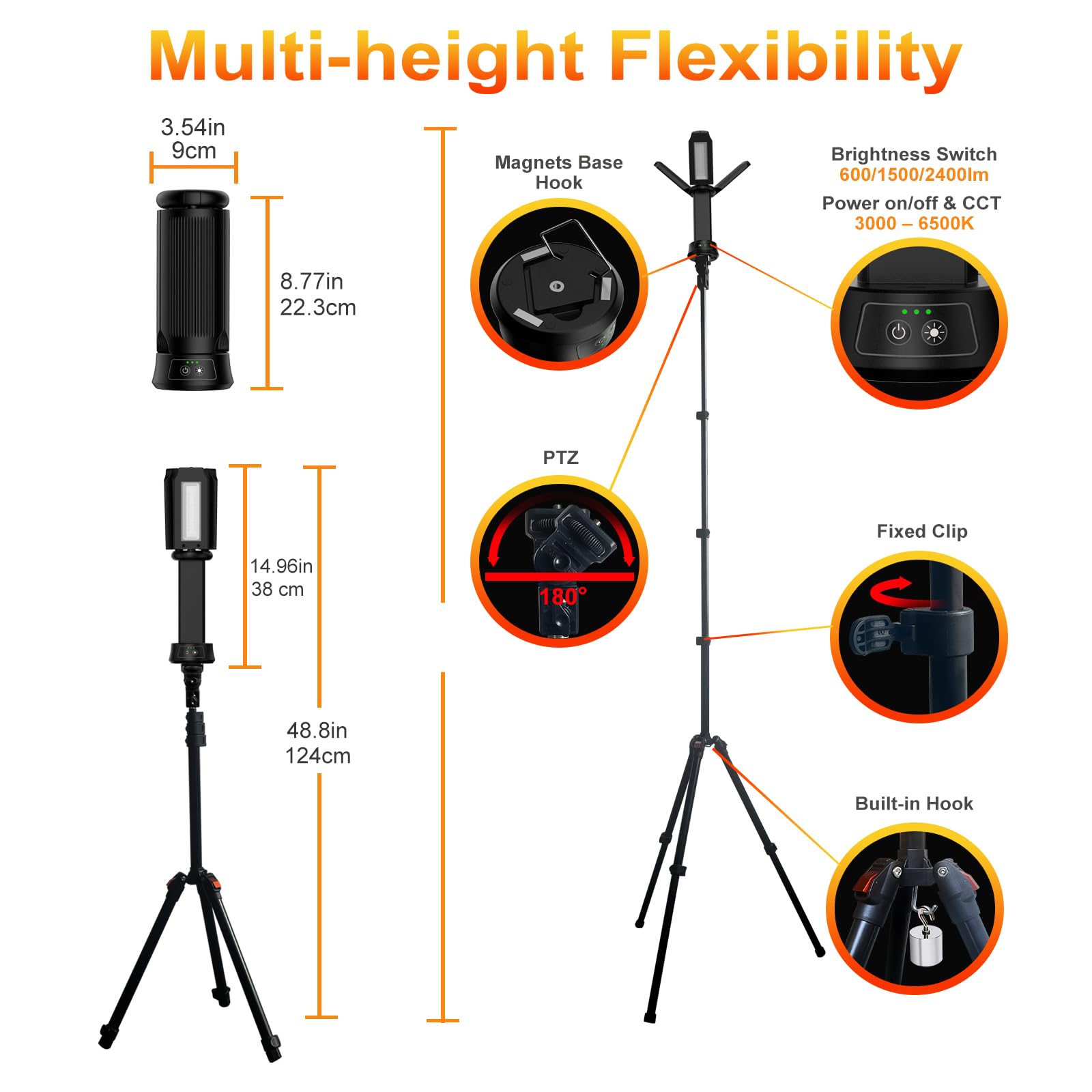 Lampada da campeggio a LED, 12000 mAh, ricaricabile, in alluminio nero, testa rotante a 270°, modalità a 3 colori con oscuramento, luce da lavoro portatile con treppiede, per esterni, campeggio