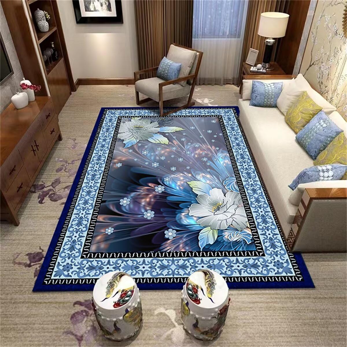 Tapis bleu floral vintage lavable 140x200cm pour salon et chambre
