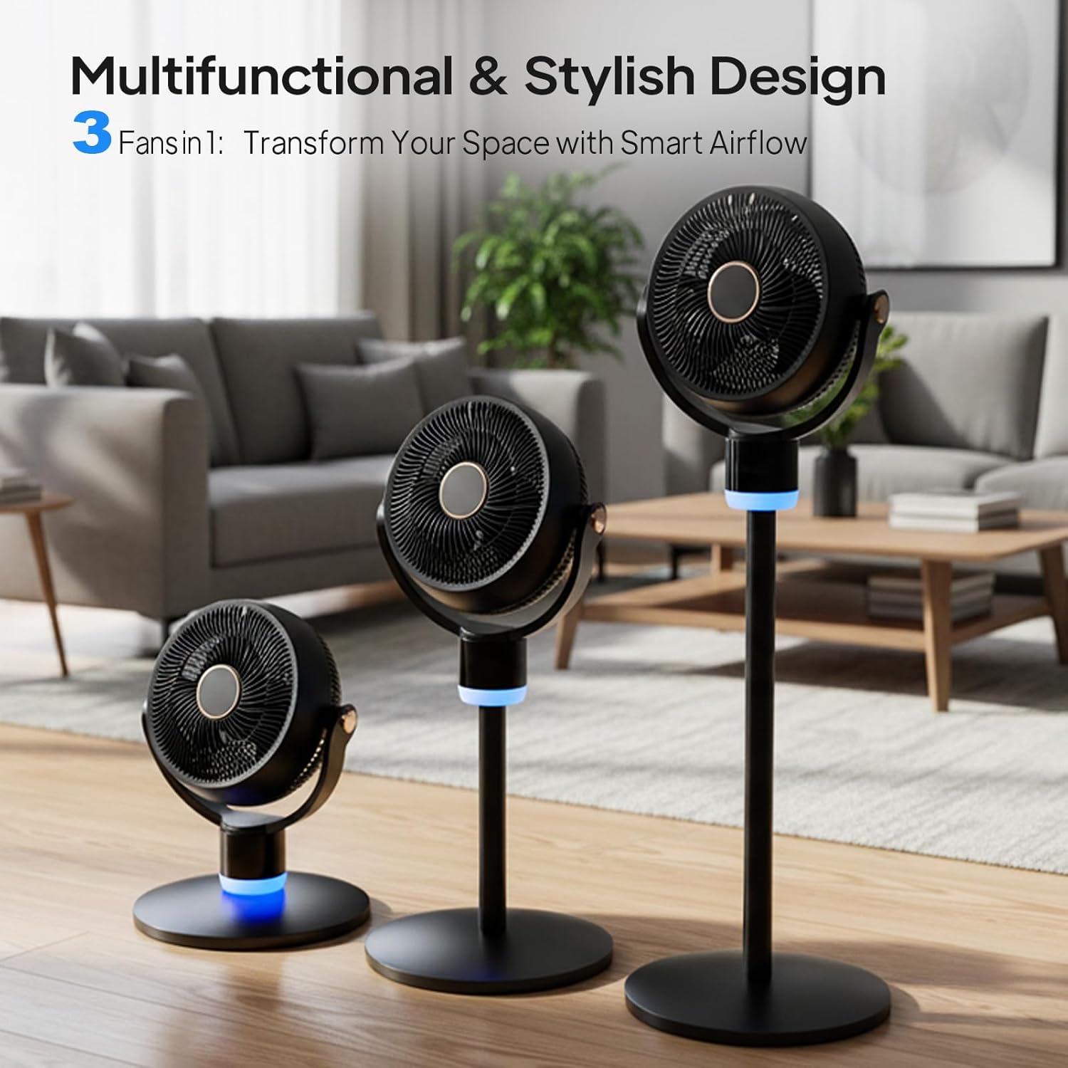 Bonnlo 3-in-1 Standing Fan for Bedroom with Adjustable Height, Oscillating Fan with 120°+ 90° Omni-Directional Airflow, Pedestal & Tabletop Fan with 3 Speeds & 12H Timer for Home/Dorm/Office