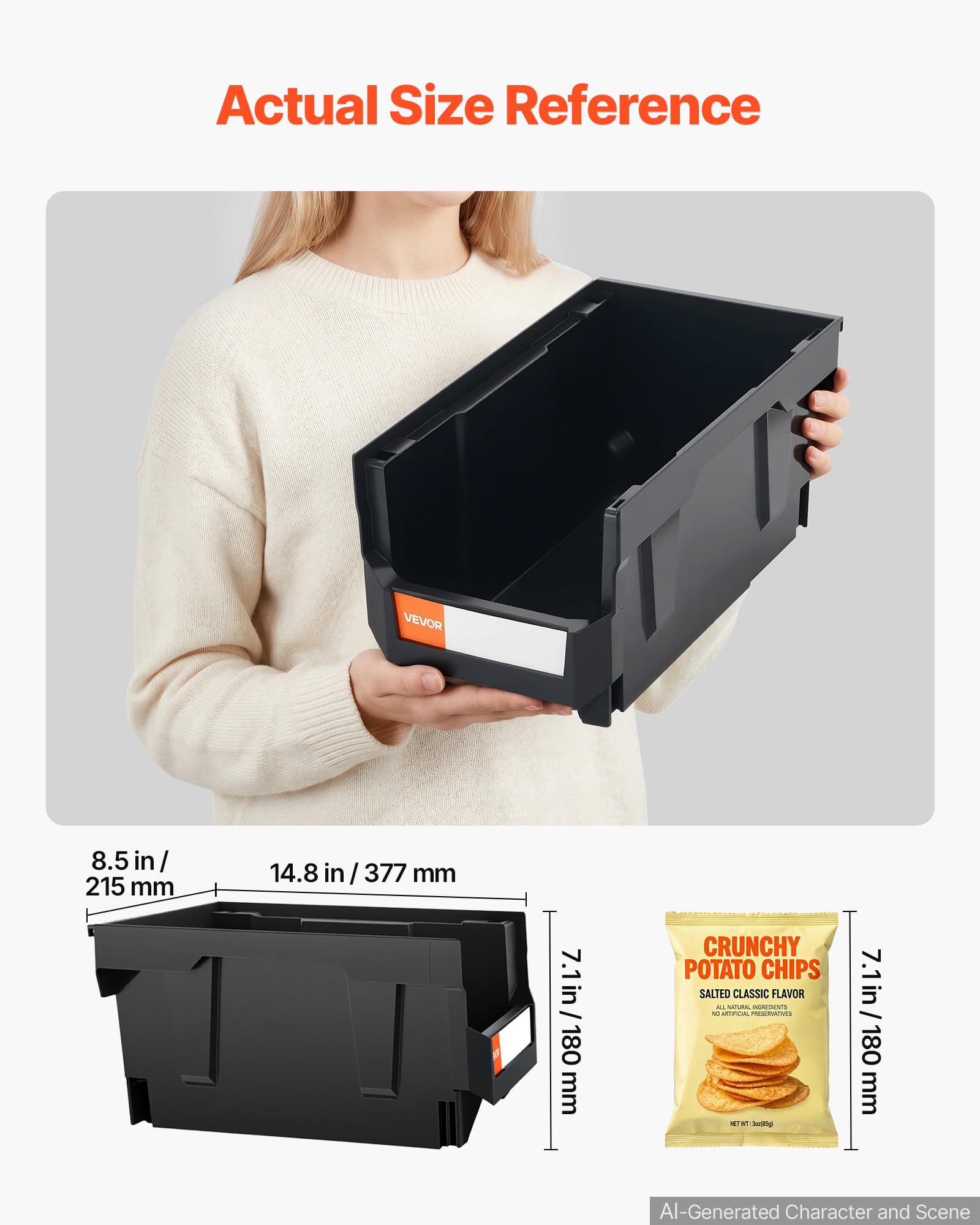 VEVOR Bac à Bec Empilable Lot de 12 Bacs de Rangement en Plastique, 37,7 x 21,5 x 18 cm, Boites de Rangement pour Atelier, Garage, Fournitures de Bureau et Autres Accessoires, Noir et Transparent