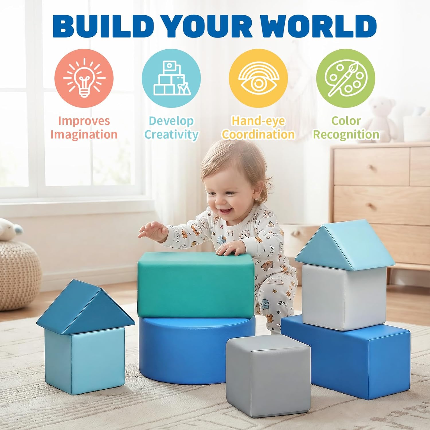 Foam Building Blocks for Toddlers: Soft PU Leather Stacking Blocks - Mega Climbing Foam Blocks Playset for Preschool Learning - Kids Soft Play Set for Birthday Gift