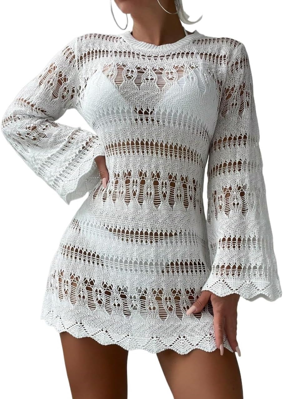 Women Swimsuit Cover Up Summer Beach Hollow Out Trim Flounce Sleeve Cover Up Dress