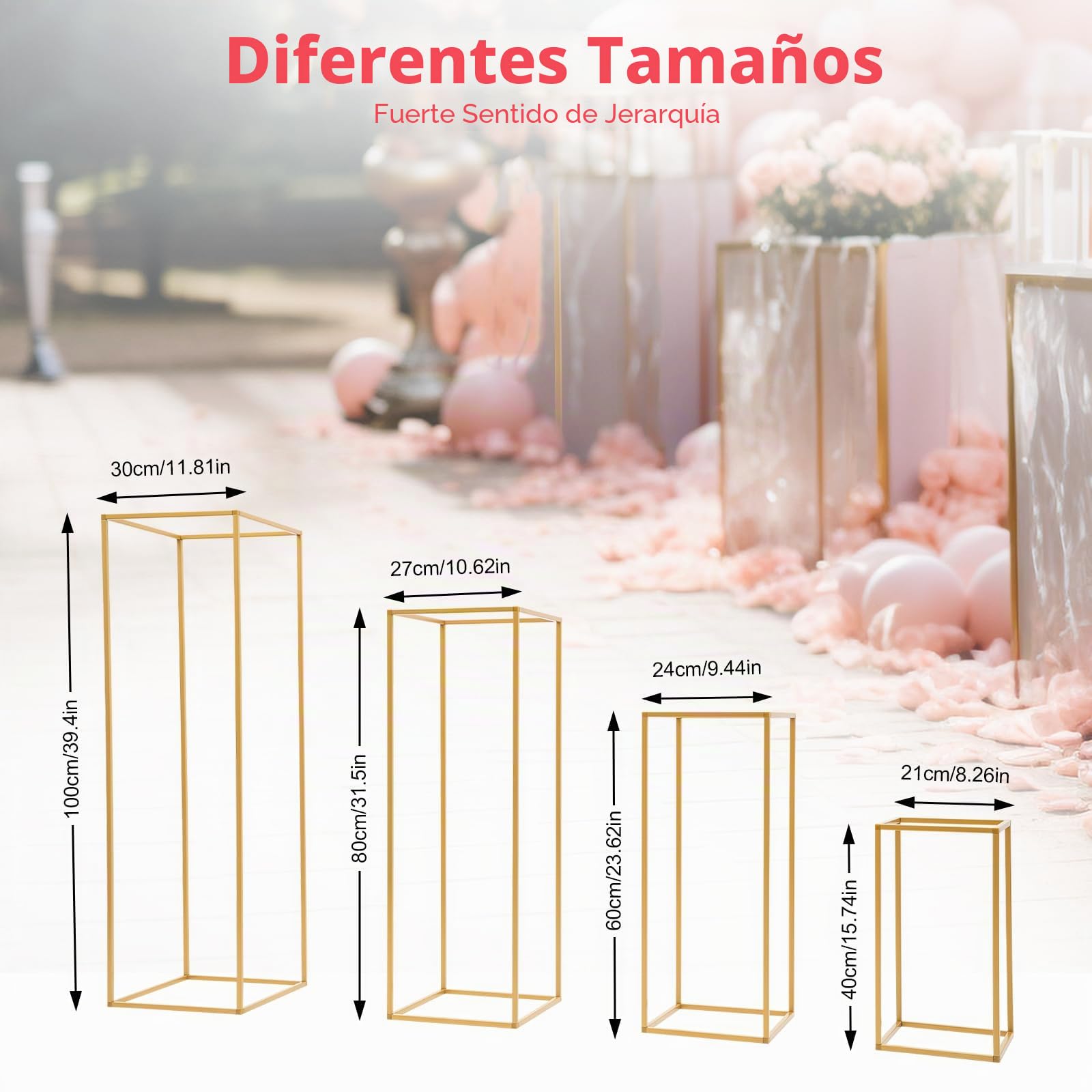 Soporte de metal dorado para flores, jarrón de suelo con plomo, para bodas, floreros de suelo, soporte para columnas, metal, boda, calle (4 unidades)