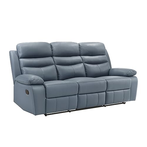 Benzara Hanna Manual Double Reclining Sofa, Blue Top Grain Leather,