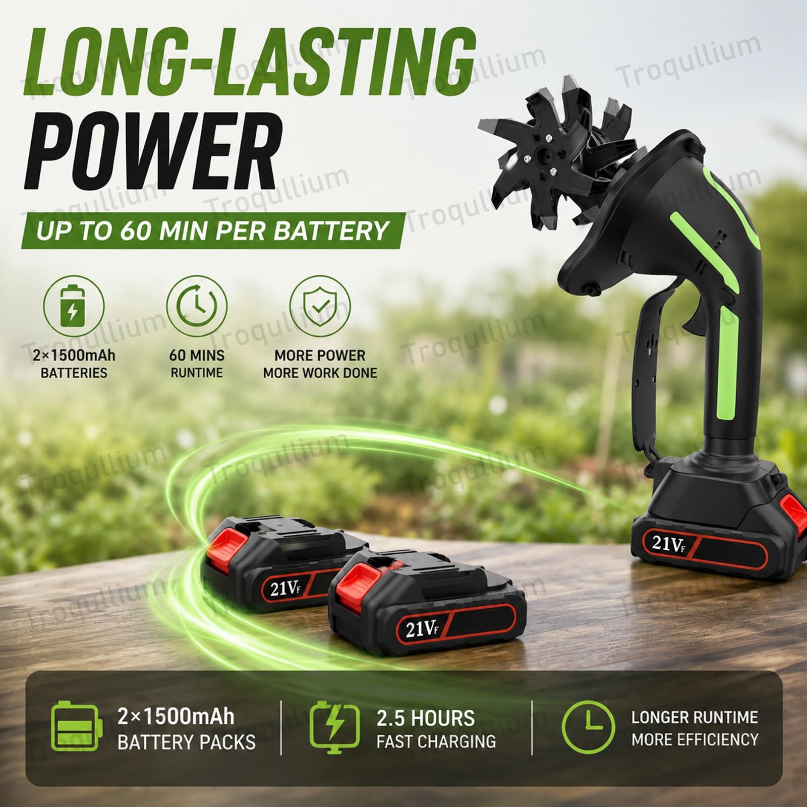Motobineuse électrique 21V, avec 2batteries 1,5Ah, 4lames métalliques, Largeur de Travail 10cm, Profondeur de Travail 10cm, Vitesse 235tr/min