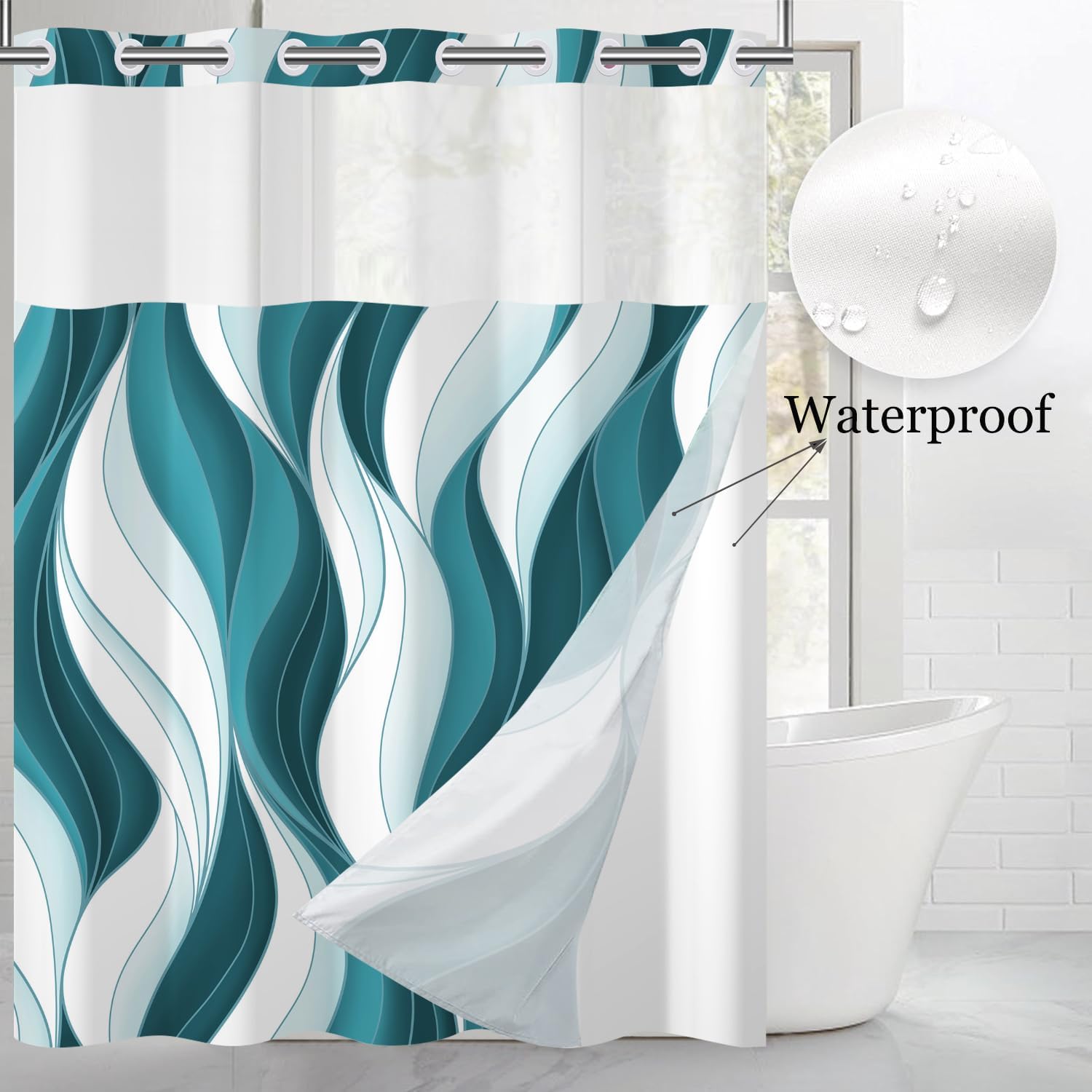 No Hook Shower Curtain with Snap in Liner, Hotel Style Modern Abstract Blue Ombre White Striped Minimalist Art Shower Curtain Waterpoof Washable with See Through Top Window,71"x74"