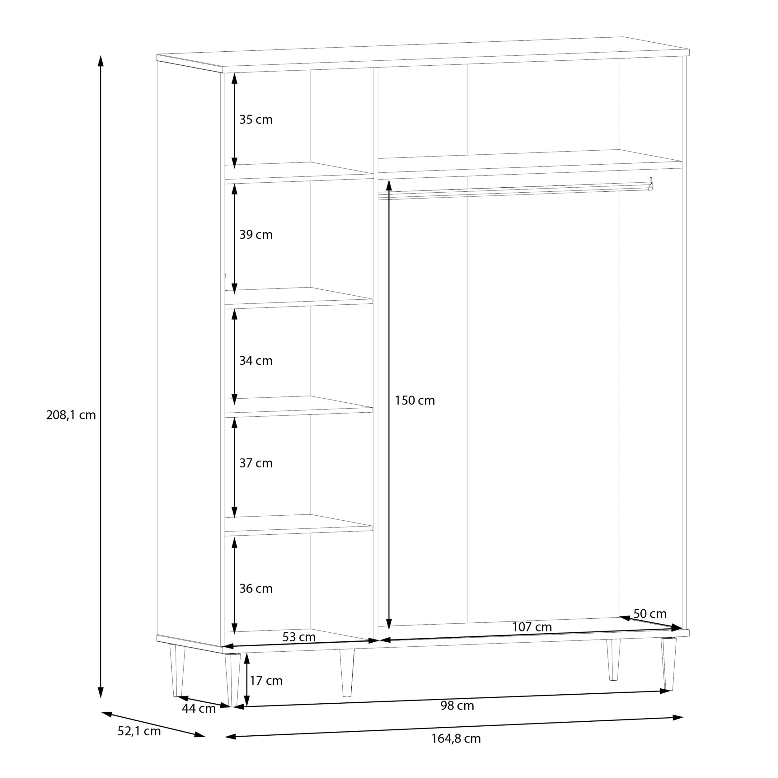 FORTE Calasetta Armadio 165 cm stile boho intrecciato viennese armadio con 3 ante appendiabiti in legno decorazione: Elegancia Rovere/Technorattan, 165 cm di larghezza x 208 cm di altezza x 52 cm di