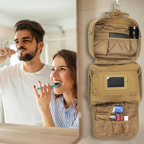 Miniatura 8 de Neceser táctico para hombre, 9.5 pulgadas, kit de Dopp colgante, bolsa de higiene de afeitado para viajes, baño, color marrón, Marrón, Multifuncional