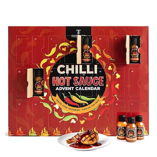 Hot Sauce Advent Calendar 2025-24 Days, Chilli Sauce, Hot Sauce Gift Set |Food Gifts For Men, Women, Christmas Gifts For Men, Women, Xmas Present, Vegan Christmas Food, BBQ, Habanero, Jalapeño Heat