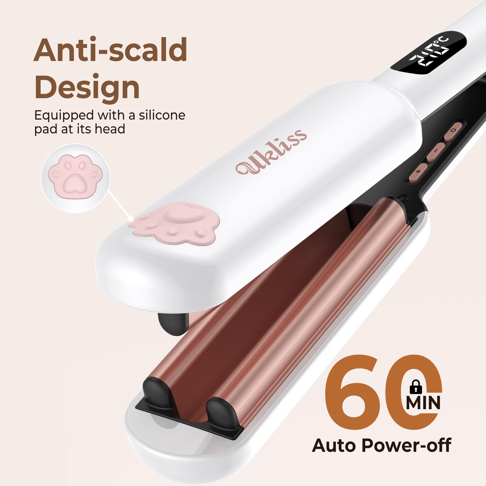 UKLISS Plancha ondulada, Pro Mini plancha ondulada para cabello, rizador de pelo grande, adecuado para principiantes, pantalla LCD [130-210℃], con alfombrilla de aislamiento térmico, guantes y bolsa