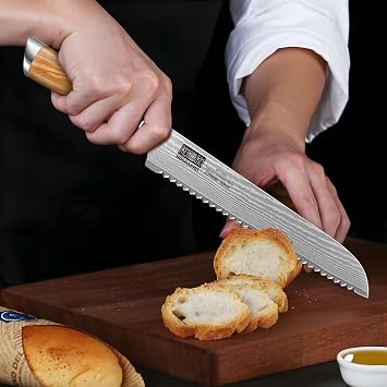 HOSHANHO Damascus Bread Knife 8, Sharp Serrated for Homemade Sourdough