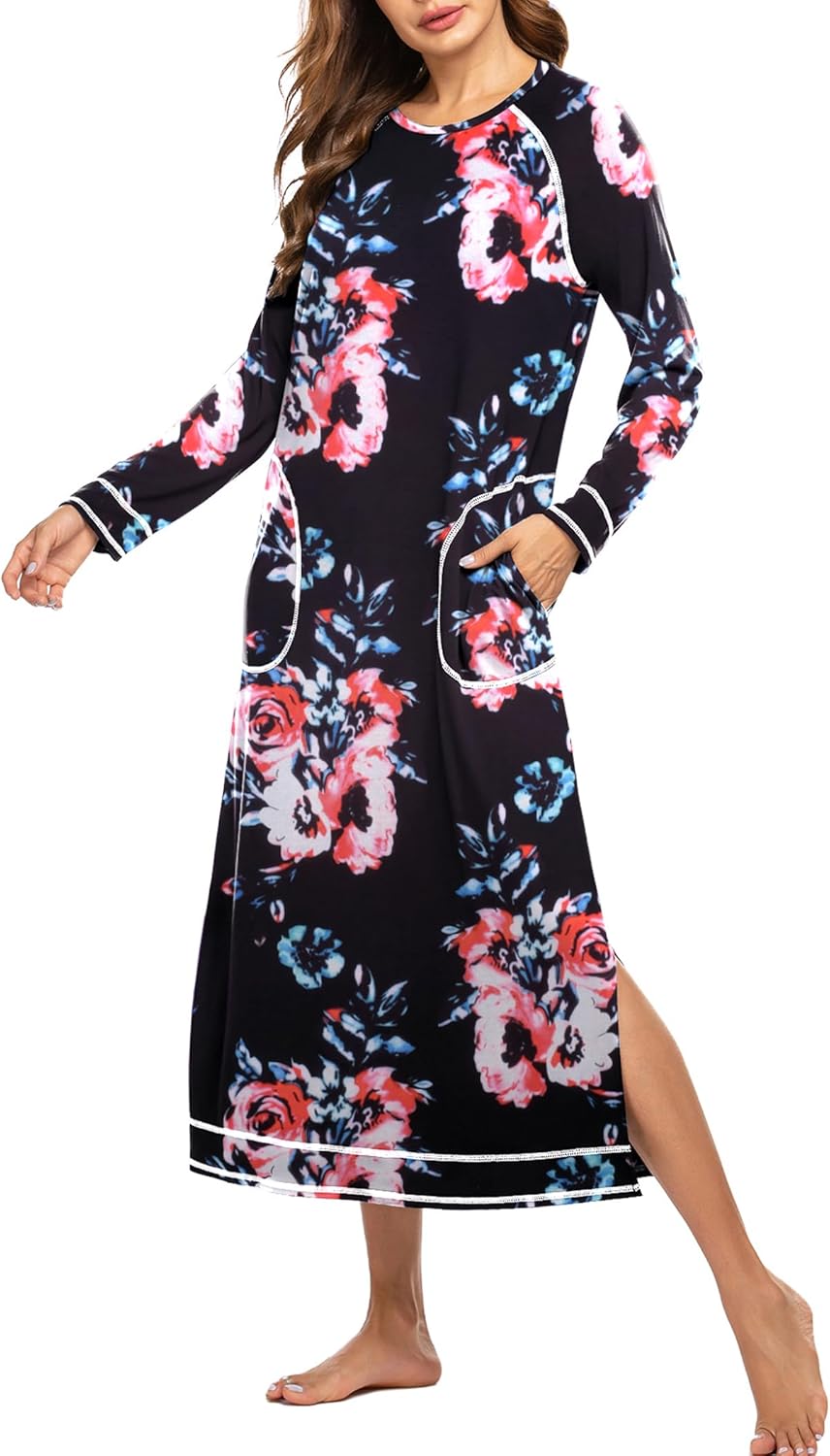 Womens nightshirt with long sleeves round neck pockets fulllength