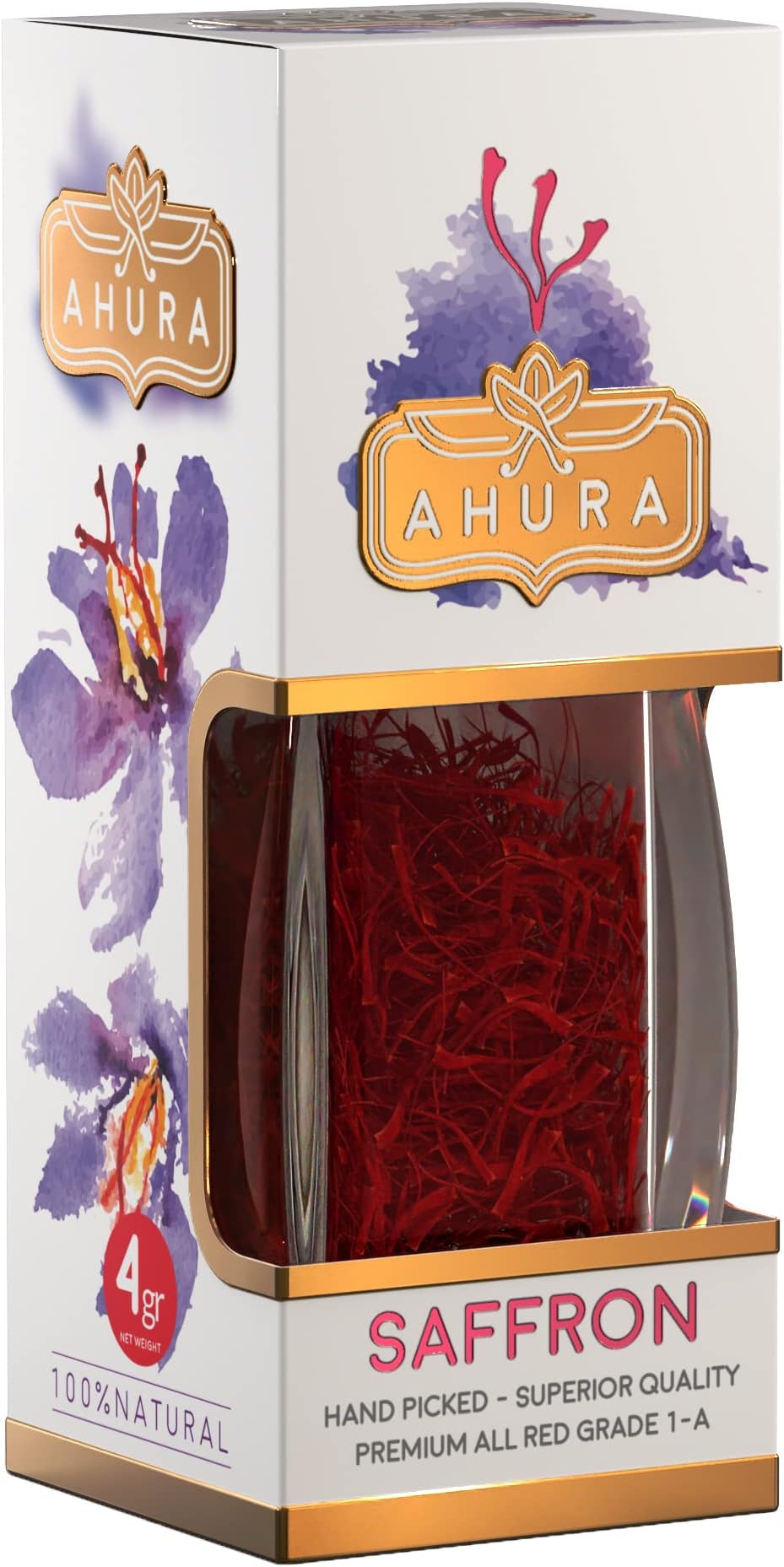 Ahura Finest Natural Saffron Threads - Pure Grade 1 All Red Saffron Spice for Tea, Paella, Risotto, Pasta, Rice, Cooking - No Additives (4g Jar)
